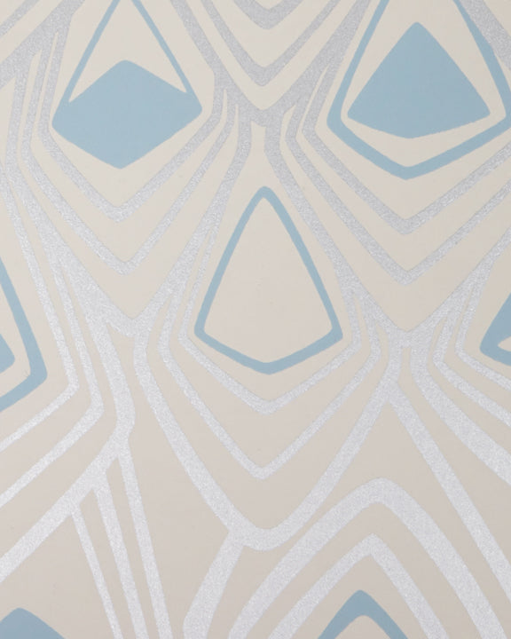 Boho Diamond Wallpaper - Metallic Silver & Fairy Blue on Off White | Peel & Stick Removable Wallpaper for Bedroom, Living Room, Nursery Decor