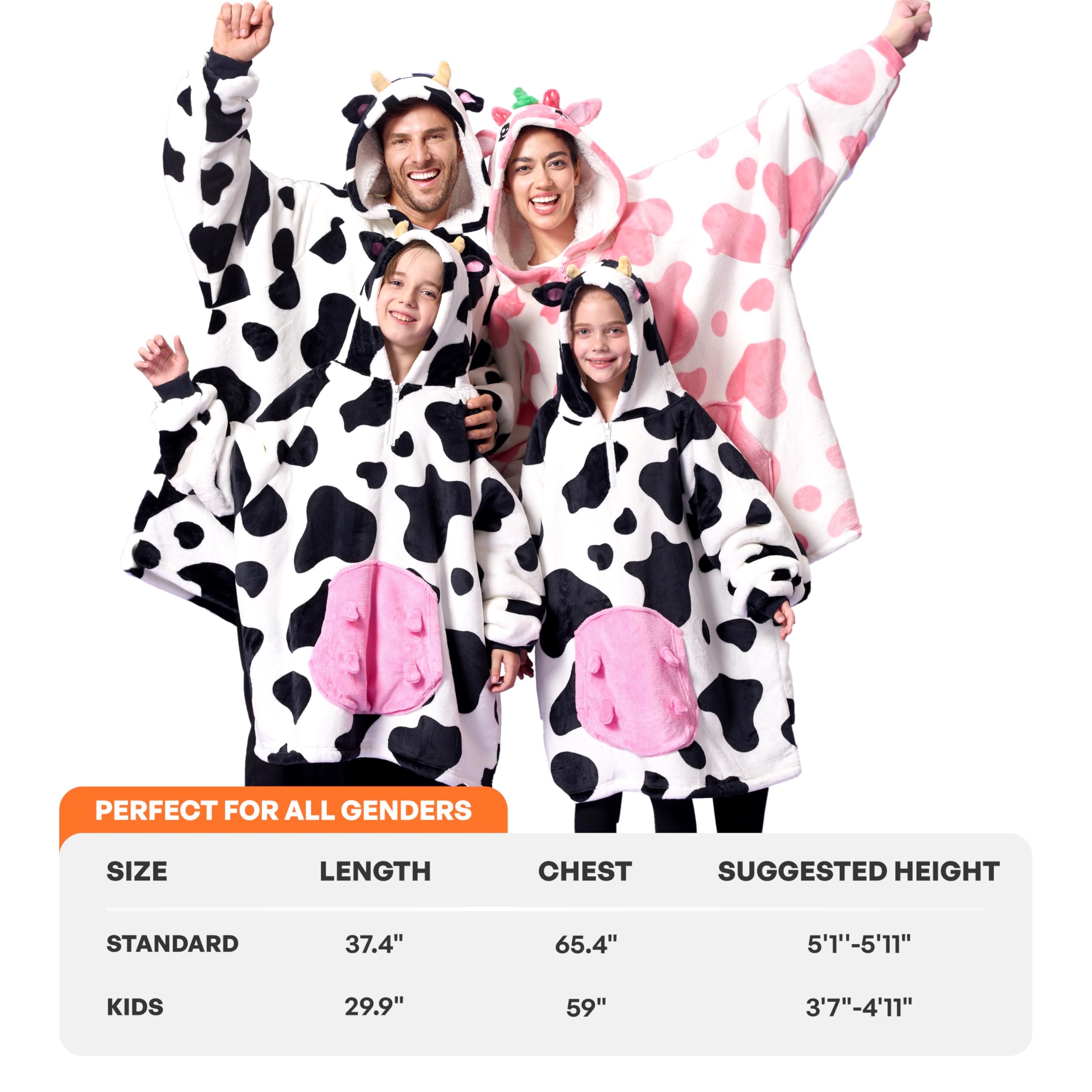Giggling Getup Cow Wearable Blanket Hoodie - Oversized Soft Sherpa Fleece Hooded Blanket with Giant Pocket - Warm Plush Flannel Blanket Sweatshirt for Kids & Adults - Perfect for Winter Nights, Movie Time and Family Snuggles