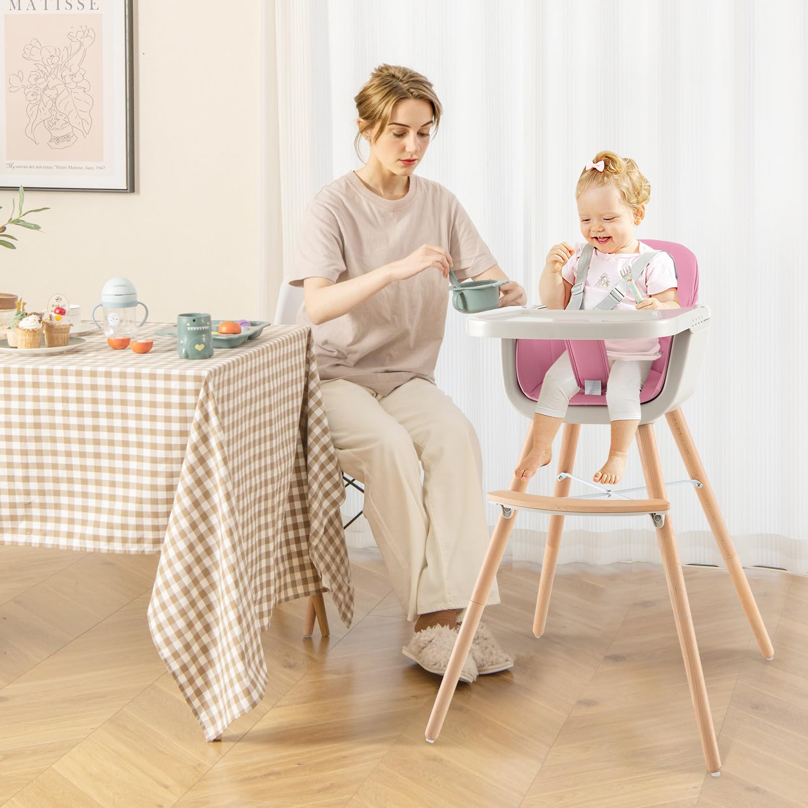KOTEK 3-in-1 Convertible Wooden High Chair for Babies & Toddlers - Adjustable Height, 3-Position Food Tray, 5-Point Safety Harness with PU Cushion & Footrest - Pink Baby Dining Chair for Home, Restaurant & Daycare Use