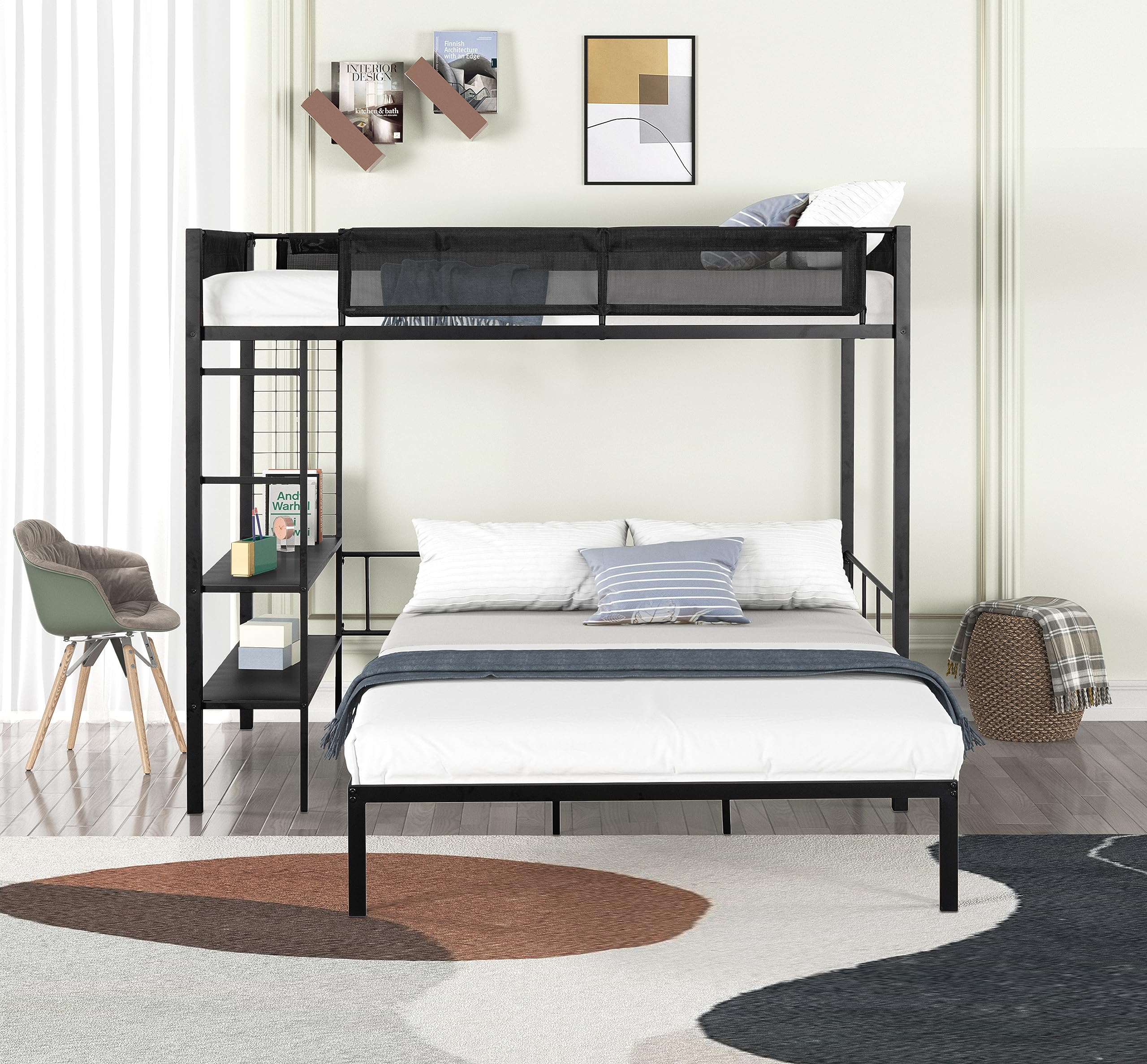 Kids Twin Over Full Metal Bunk Bed with Built-in 2-Tier Storage Shelves, Ladder & Safety Guardrail - Wooden Slats Support, No Box Spring Needed - Matte Black - Perfect for Small Bedrooms, Shared Kids' Rooms & Space-Saving Solutions