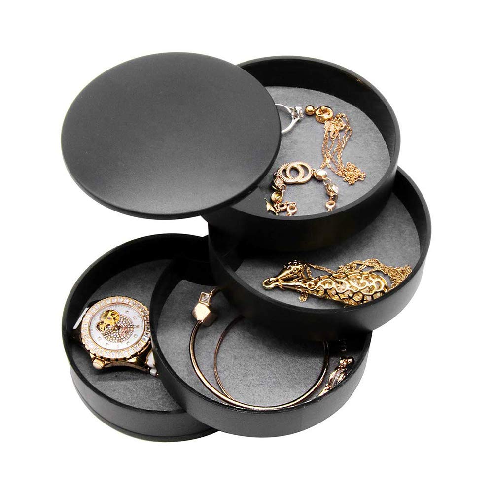 4-Tier Rotating Jewelry Organizer Box - 360° Spinning Display Tower for Rings, Earrings, Necklaces & Bracelets - Compact Storage Case with Multi-Level Trays (Black) - Perfect for Bedroom Vanity, Closet Organization & Travel Jewelry Storage