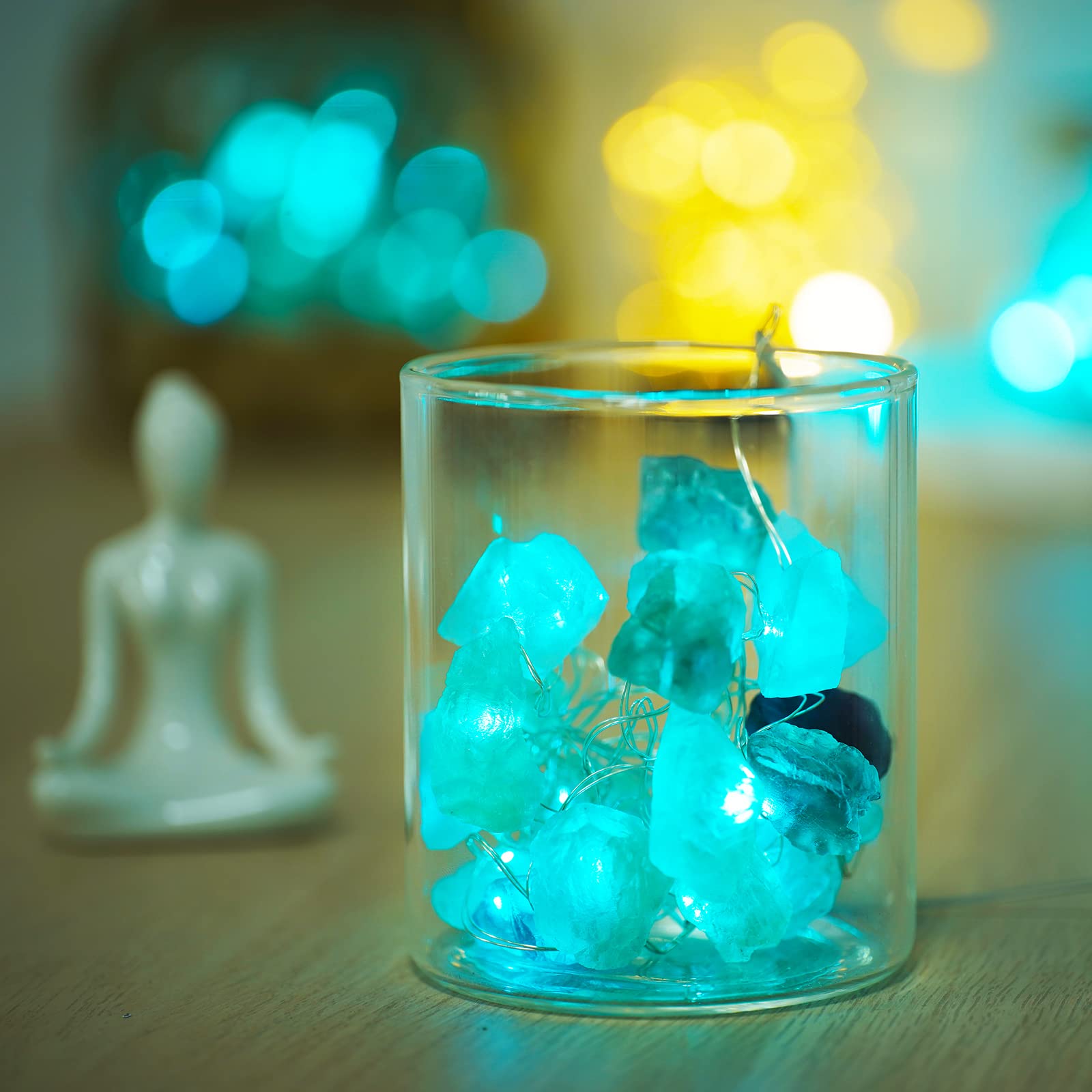 BOHON 20 LED Natural Fluorite & Sea Glass String Lights - 6.5ft Battery Operated with Remote Control - Raw Stone Decorative Lighting for Bedroom, Party, Indoor, Christmas & Wedding Decor - Perfect for Home Ambiance, Holiday Celebrations and Romantic Settings