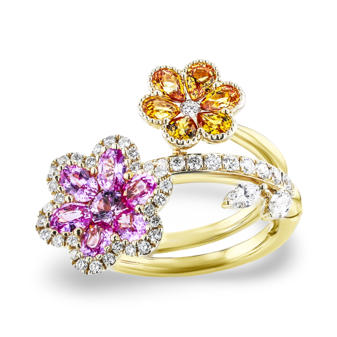 14KT Yellow Gold 2.32CT Colored Sapphire & 0.68CTW Diamond Flower Ring for Women - Elegant Floral Engagement, Wedding, Anniversary Jewelry Gift