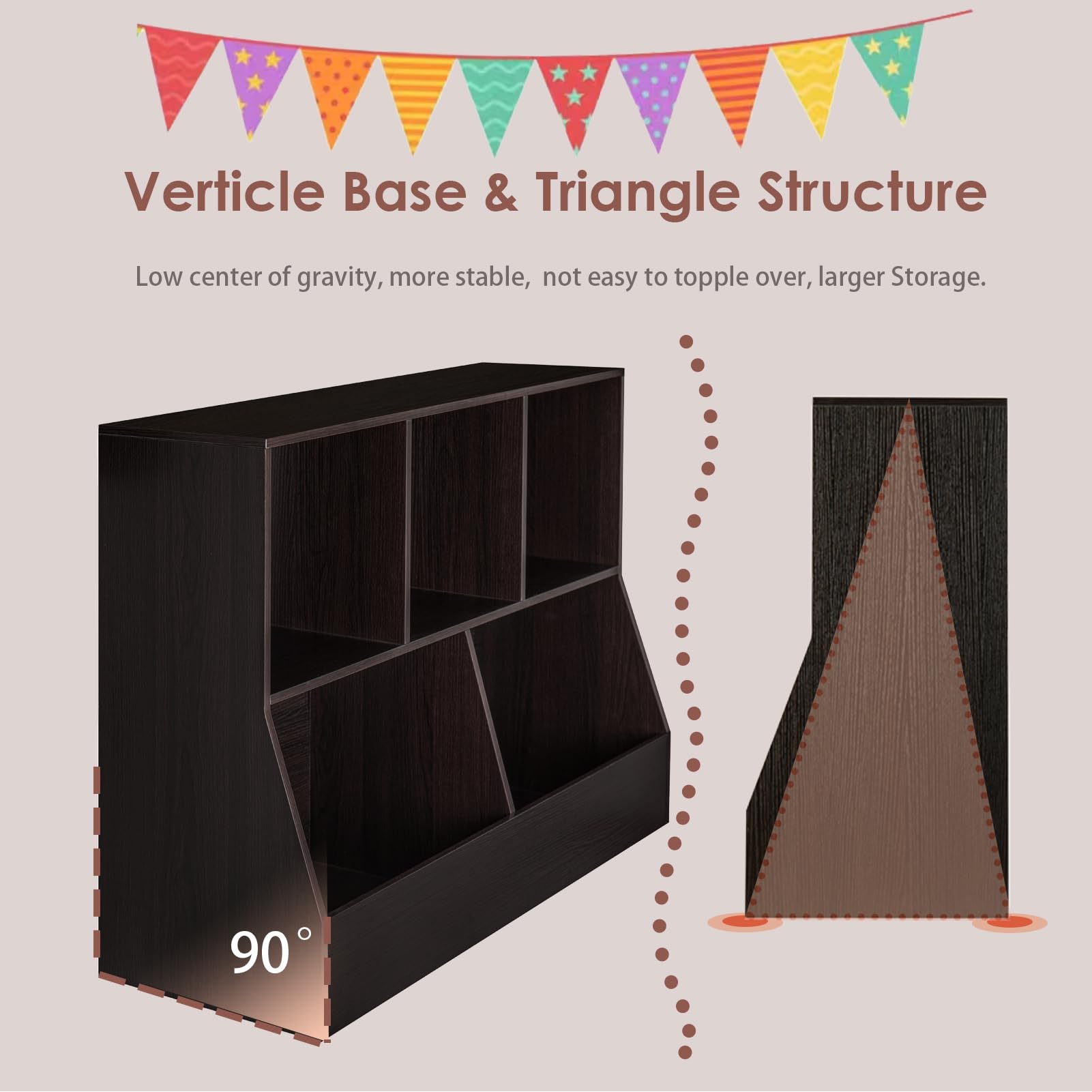 DINZI LVJ 5-Cubby Wooden Toy Storage Organizer & Kids Bookshelf - Espresso Toy Cabinet & Bookcase for Playroom, Bedroom, Nursery - 43.3