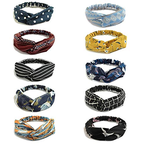 FAMEZA 10 Pack Women's Headbands - Boho Floral Printed Criss Cross Elastic Hair Bands for Women & Girls - Perfect for Yoga, Workouts, Sports and Everyday Fashion Accessories