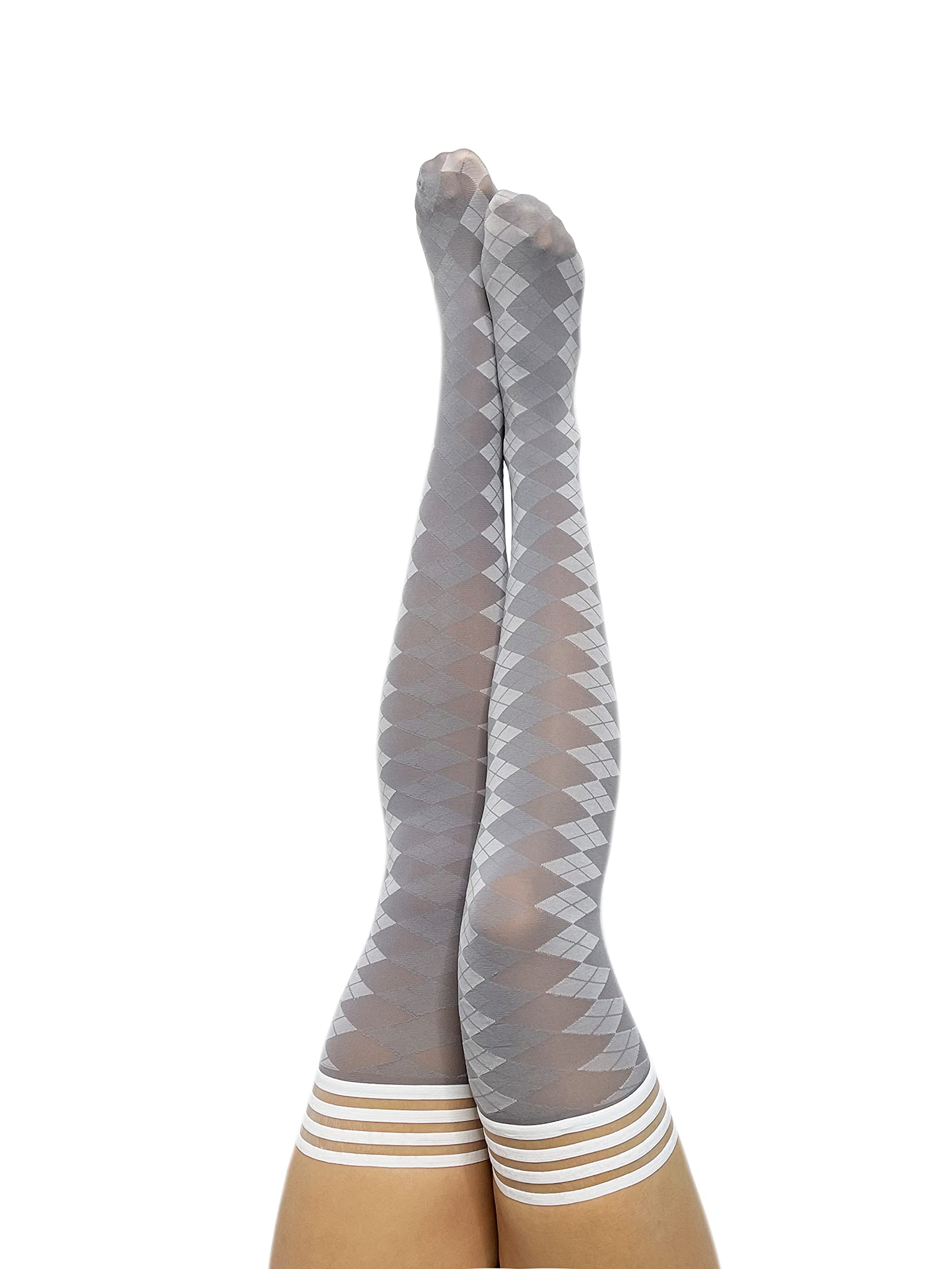 Kix'ies Thigh High Stockings for Women - No Slip Grip Stay Up Thigh Bands | Sexy Lingerie & Hosiery in Grey Argyle Pattern (1346A) | Perfect for Date Night, Office Wear & Special Occasions