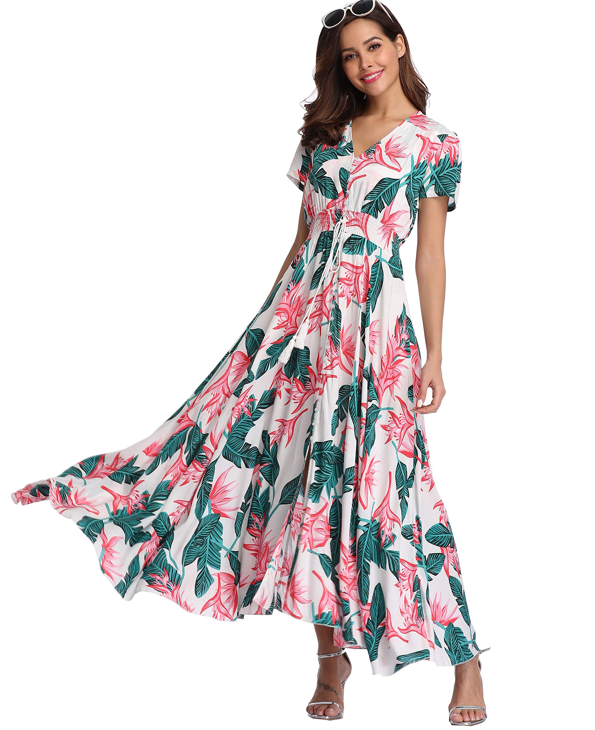 Ferrendo Women's Floral Maxi Dress - Button Up Bohemian Beach Dress with Side Slit & Flowy Design for Summer Parties, Vacations & Outdoor Events