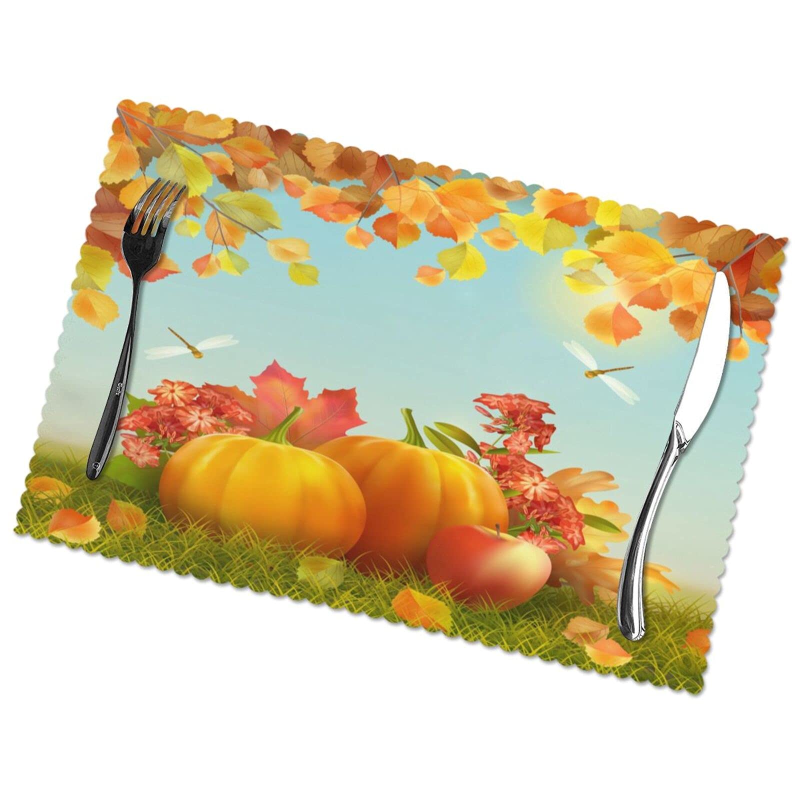 Happy Thanksgiving Day Placemats Set of 4 - 12 x 18 Inch Fall Leaves Design Washable & Heat-Resistant Table Mats for Kitchen Dining - Orange Home Decor | Perfect for Thanksgiving Dinner, Autumn Parties & Holiday Table Settings