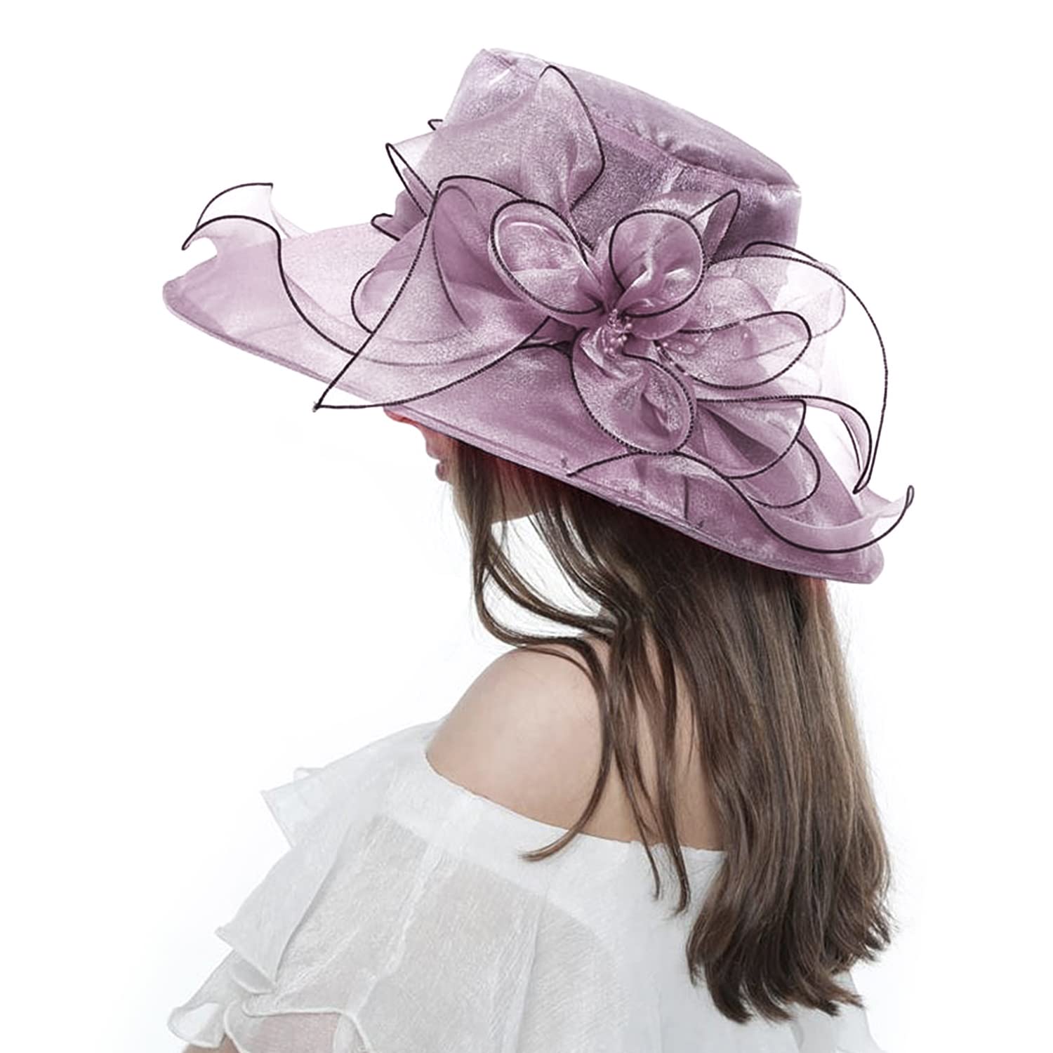 Women's Wide Brim Floppy Sun Hat - Breathable Derby Hat for Summer Tea Party, Wedding & Church - Elegant Flower Fascinator for Outdoor Events, Beach & Garden