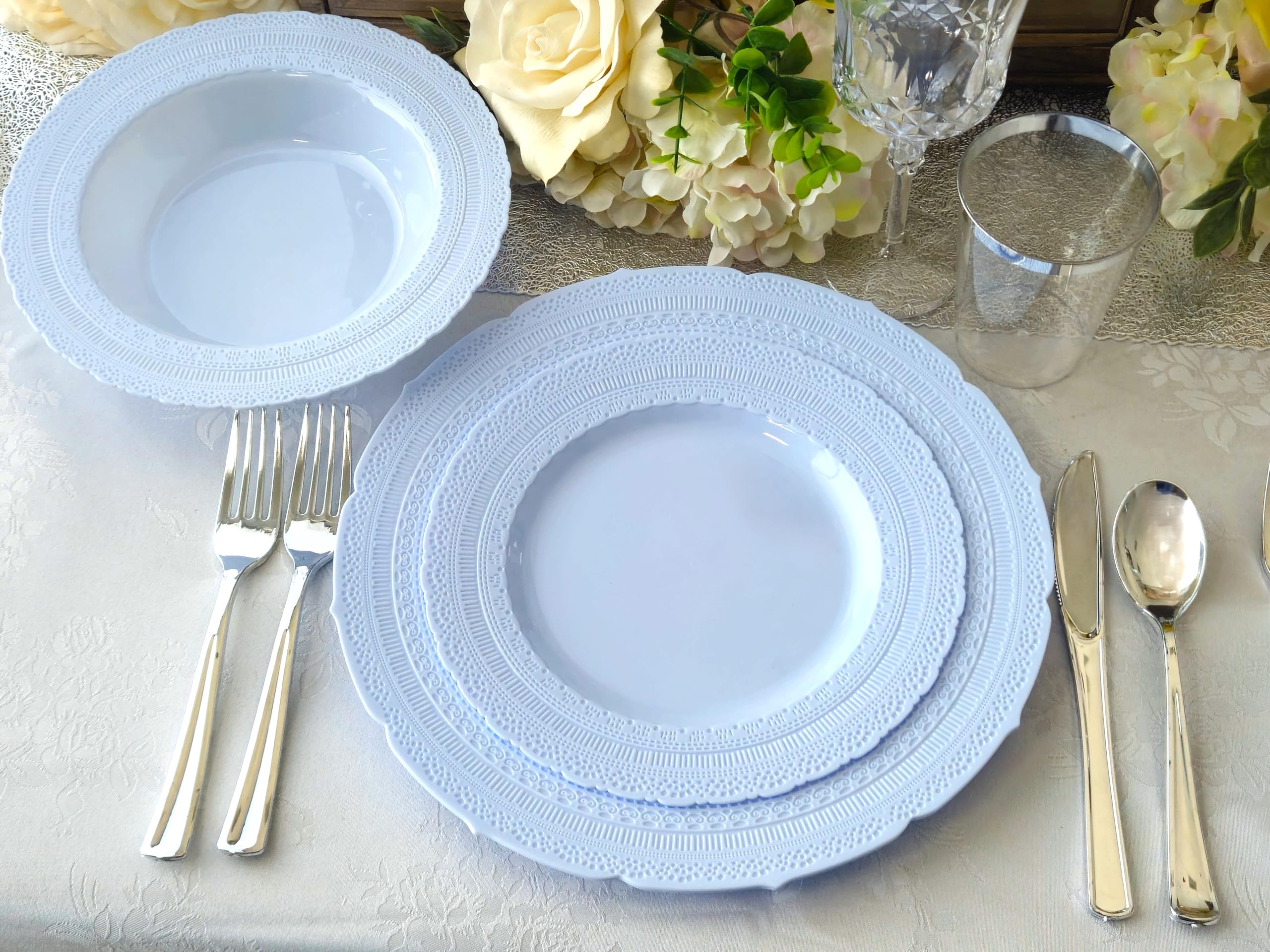 40-Piece Heavyweight Disposable Plastic Plates Set - Vintage Chateau Blue 14oz Soup Bowls for Weddings, Parties & Events | Durable Dinnerware for Catering, Picnics, BBQs & Family Gatherings