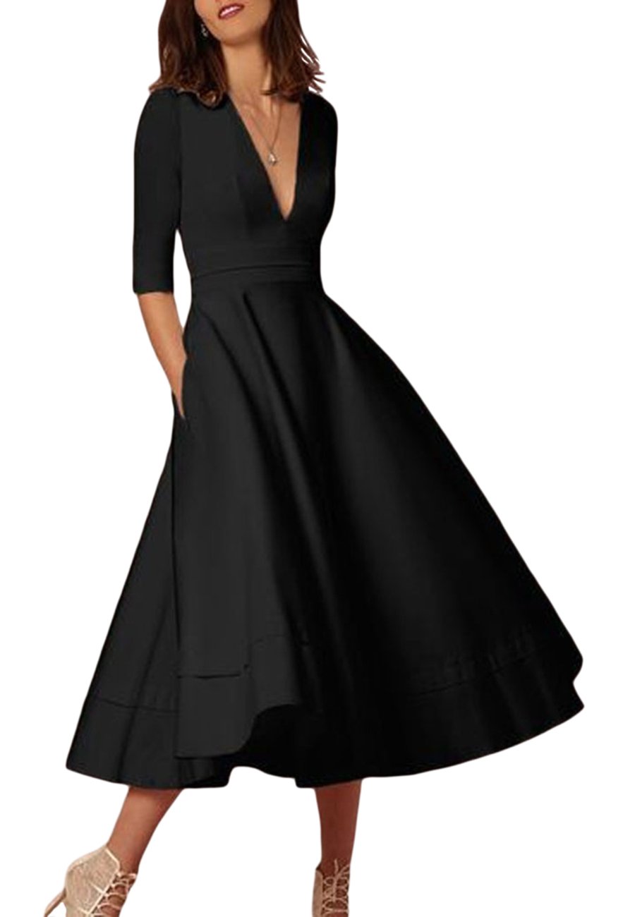 Elegant Deep V Neck A-Line Pleated Midi Dress for Women - Half Sleeve Party Dress with Pockets, Plus Size Available | Perfect for Cocktail Parties, Weddings & Special Occasions