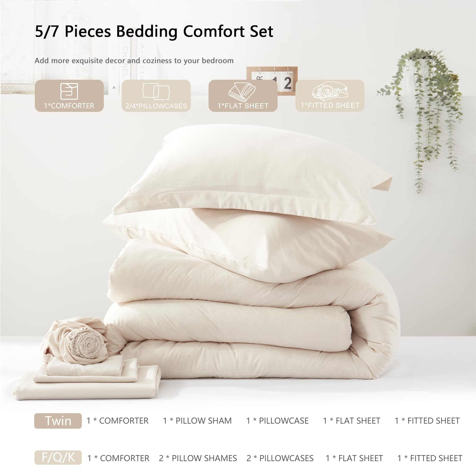UNILIBRA 7-Piece Queen Comforter Set - All Seasons Soft Beige Bedding | Cationic Dyeing Comforter, Flat Sheet, Fitted Sheet, Pillowcases & Shams | Perfect for Master Bedroom, Guest Room & Vacation Homes