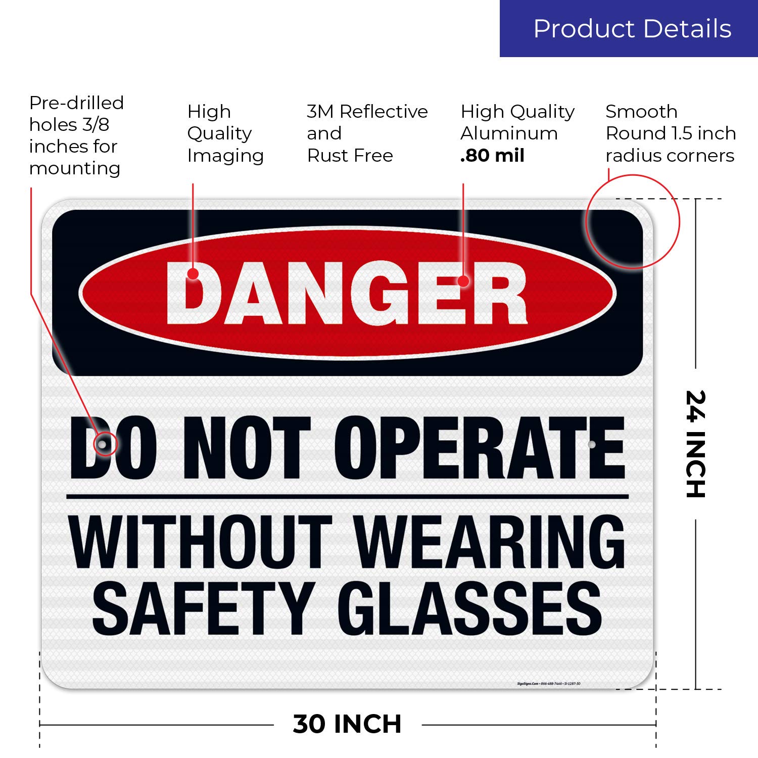 Danger Do Not Operate Without Safety Glasses Sign - OSHA Compliant 24x30 Inch Reflective Aluminum Sign for Workplace Safety | 3M EGP .080 Aluminum, Fade Resistant, Indoor/Outdoor Use | Made in USA - Perfect for Construction Sites, Factories & Hazardous Areas