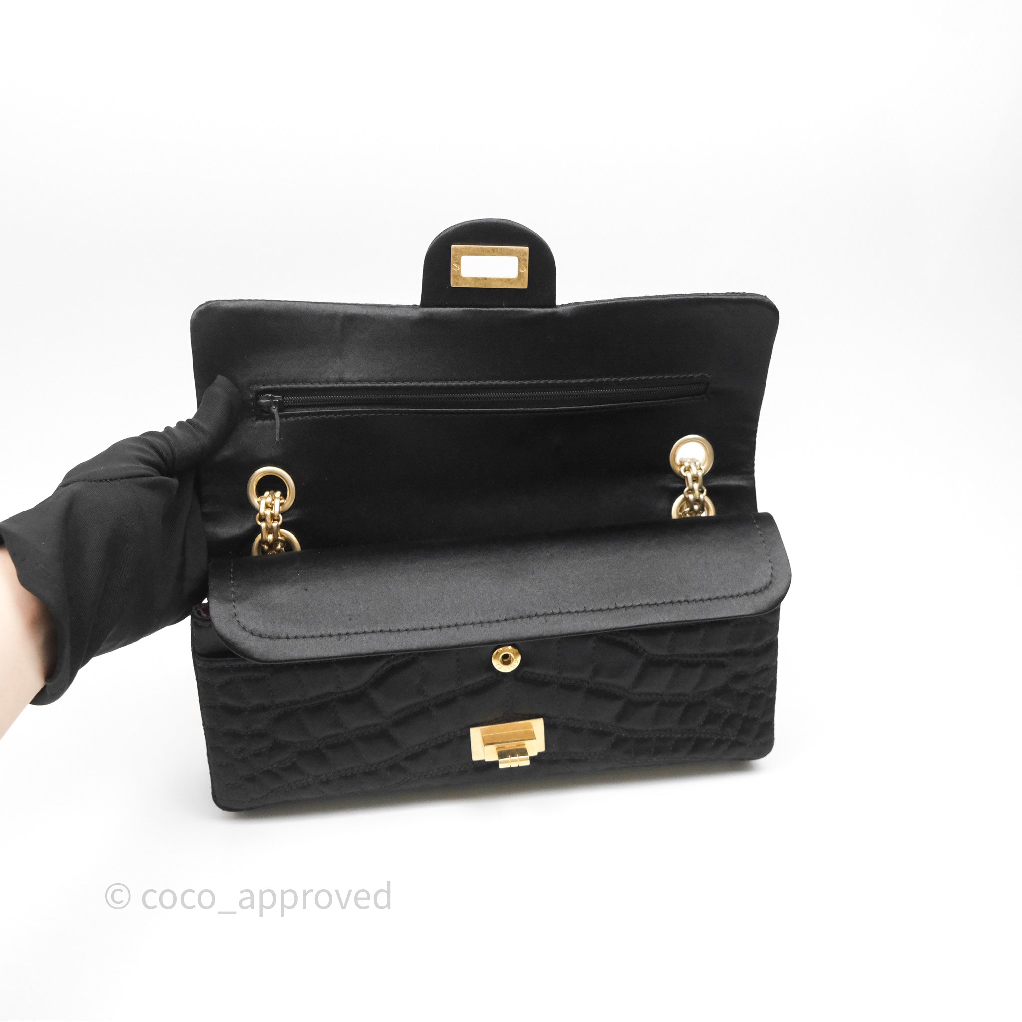 Chanel 2.55 Reissue East West Double Flap Bag in Black Satin Crocodile with Aged Gold Hardware - Luxury Crossbody Purse for Women, Perfect for Evening Events & Special Occasions