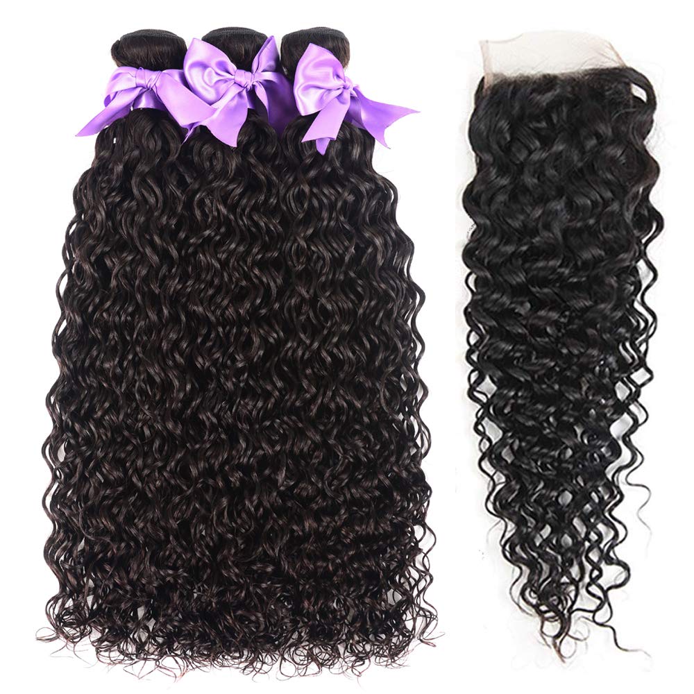 Brazilian Virgin Human Hair Bundles with Closure - 24 26 28+20 Inch Water Wave Wet & Wavy Ocean Curly Hair Extensions (Natural Color) for Styling, Volume & Length | Perfect for Daily Wear, Parties & Special Occasions