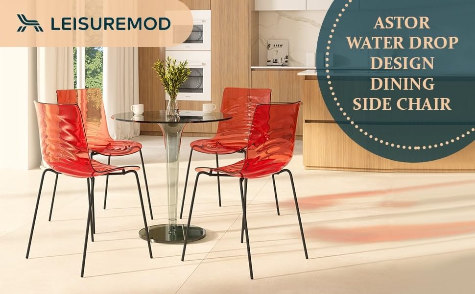 LeisureMod Astor Modern Acrylic Side Chair with Water Ripple Design & Chrome Metal Legs - Set of 2 Transparent Red Accent Chairs for Dining Room, Kitchen, Office or Small Spaces - Perfect for Contemporary Home Decor & Compact Living Areas