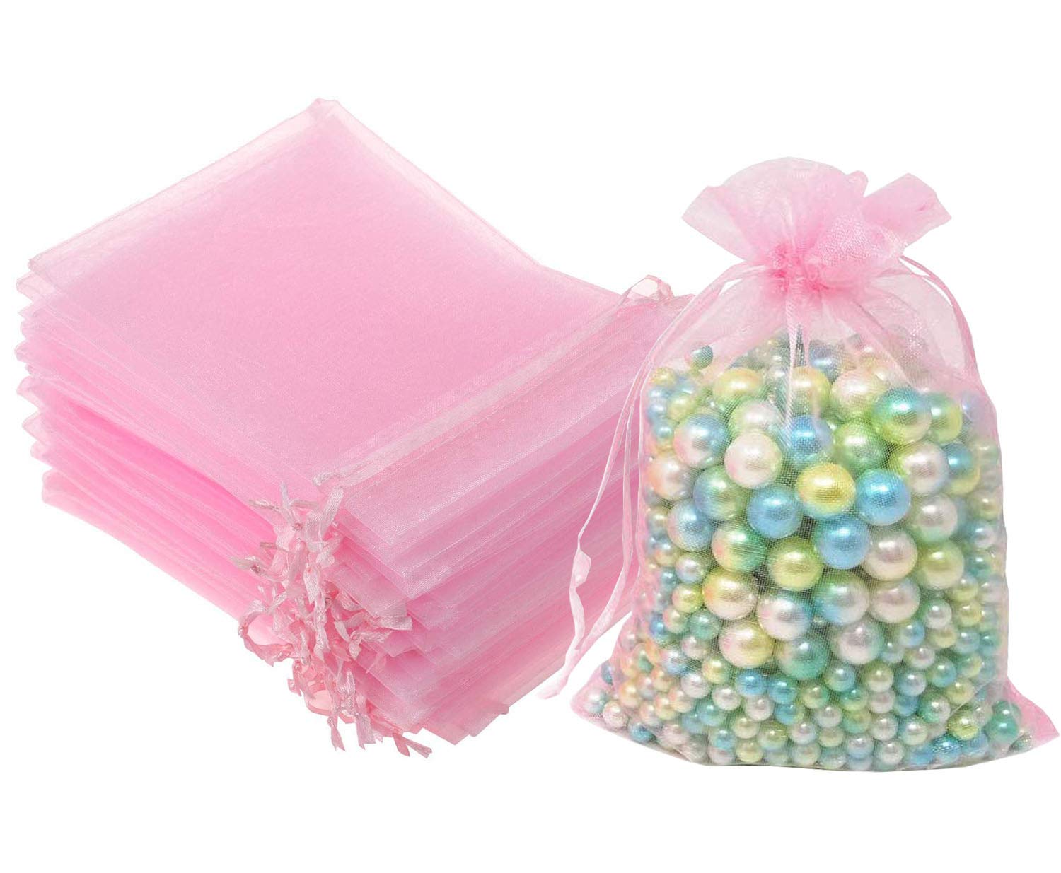 100 Pcs 5x7 Inches Pink Organza Gift Bags with Drawstring Satin Ribbon - Sheer See-Through Fabric Favor Pouches for Baby Shower, Wedding, Party Favors & Decorations - Perfect for Jewelry, Card Deck, Holiday Gifts & Special Occasions