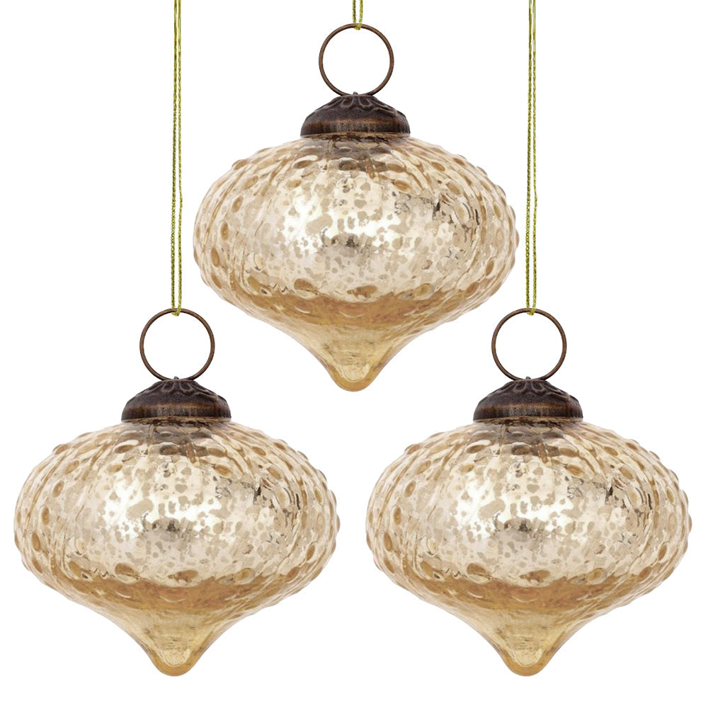 3 Pack Gold Tania Mercury Glass Dotted Drop Ornaments - Elegant Christmas Tree Decorations for Holiday Home Party Decor