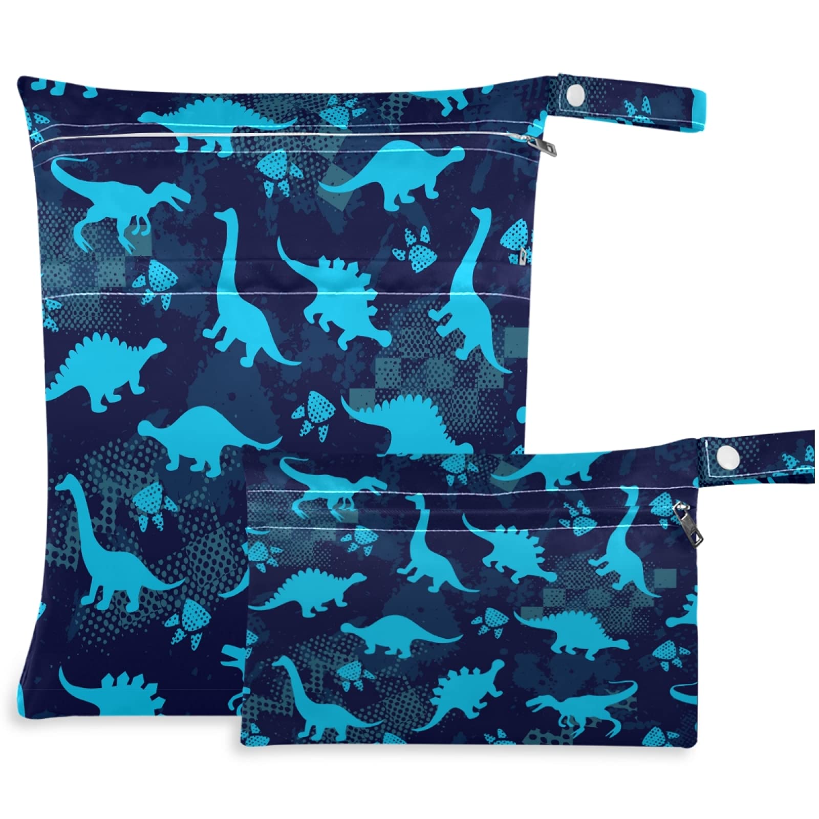 Visesunny Blue Dinosaur Print 2-Pack Waterproof Wet Bags with Zipper Pockets - Reusable & Washable Travel Organizer for Swimsuits, Diapers, Gym Clothes | Perfect for Beach, Pool, Daycare, Stroller & Toiletries Storage