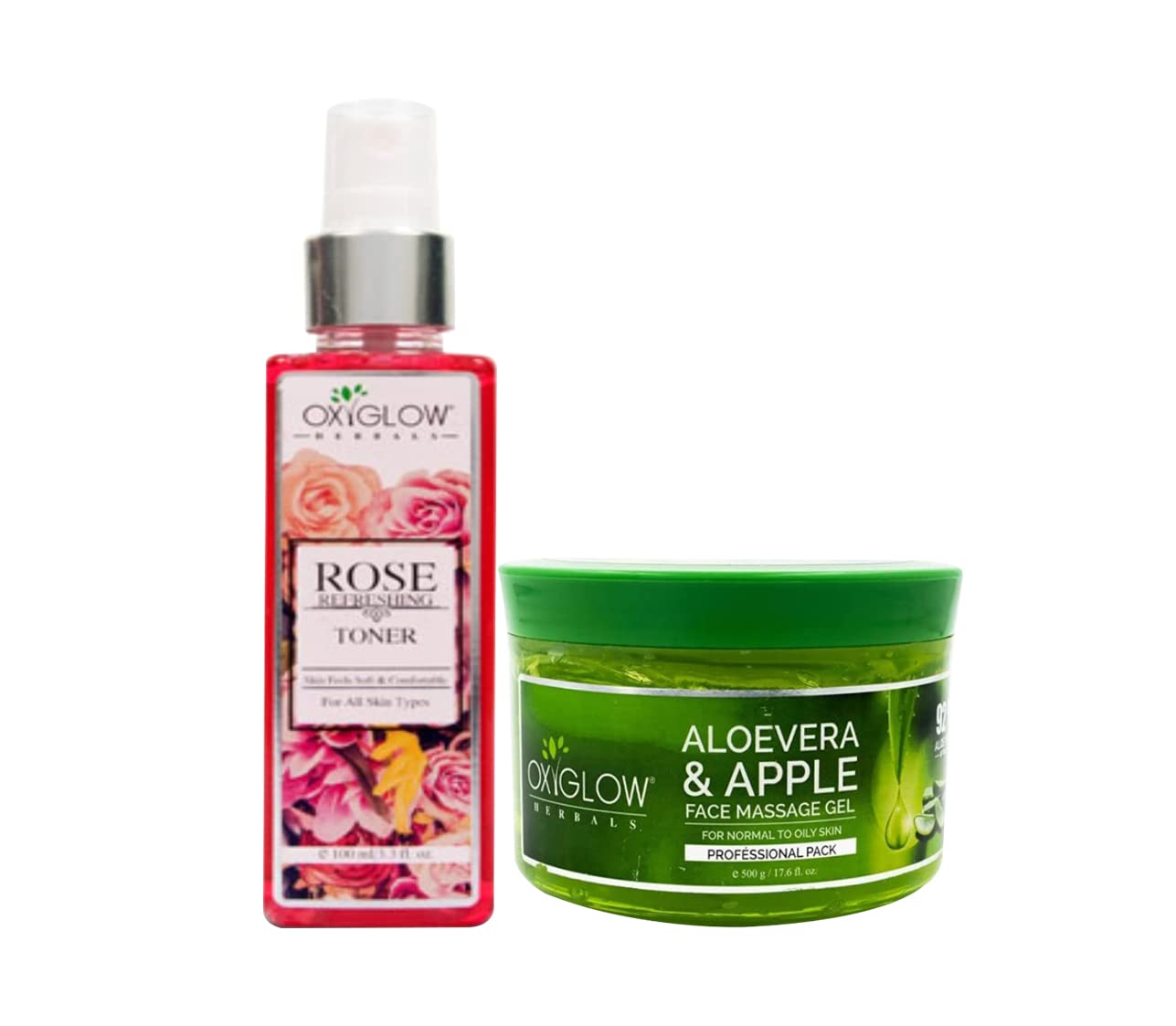OxyGlow Herbal Combo: Aloe Vera & Apple Face Massage Gel (500g) + Pure Natural Rose Water Toner & Makeup Remover for Men & Women | All Skin Types | Hydrating, Detoxifying, Anti-Aging | Soft Glowing Skin | Perfect for Daily Skincare Routine & Spa Treatments