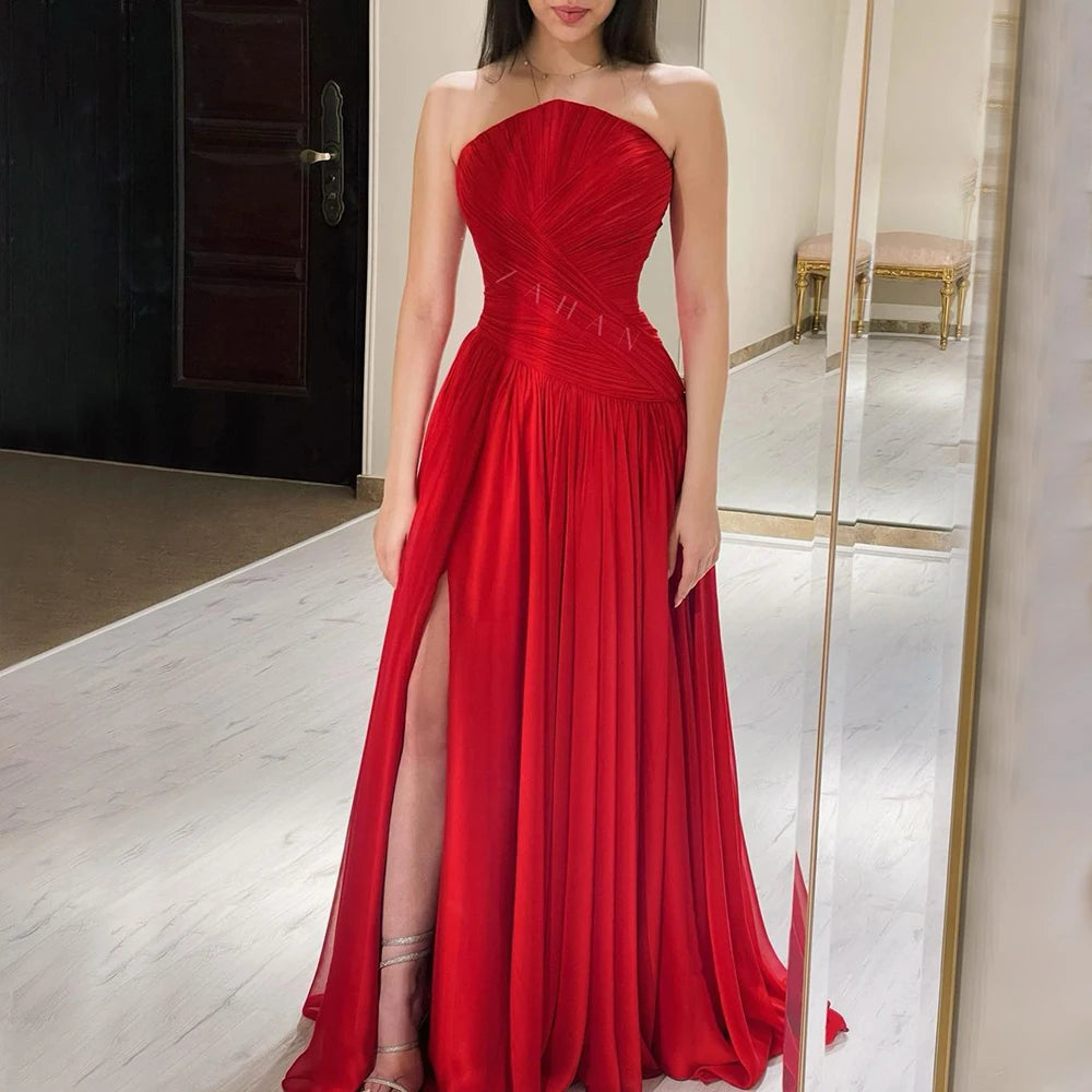 Elegant Red Chiffon Strapless Evening Dress with High Slit - Luxury Dubai Arabic Women's Wedding Prom Party Gown 2025 LA72537 | Perfect for Formal Events, Red Carpet & Special Occasions