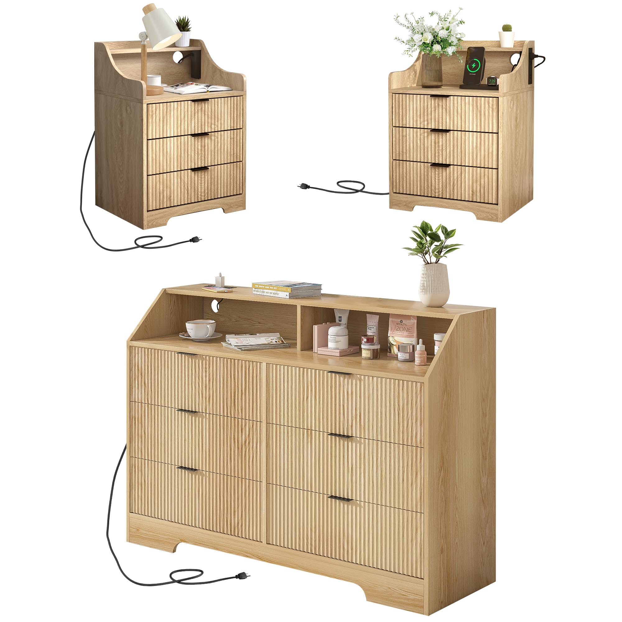 Fluted 3-Piece Bedroom Furniture Set with 6-Drawer Dresser, Nightstand & Charging Station - Modern Bedroom Combo with Matching Dresser & Nightstand (Set of 2) - Storage Cabinet Set for Master Bedroom, Guest Room & Apartment