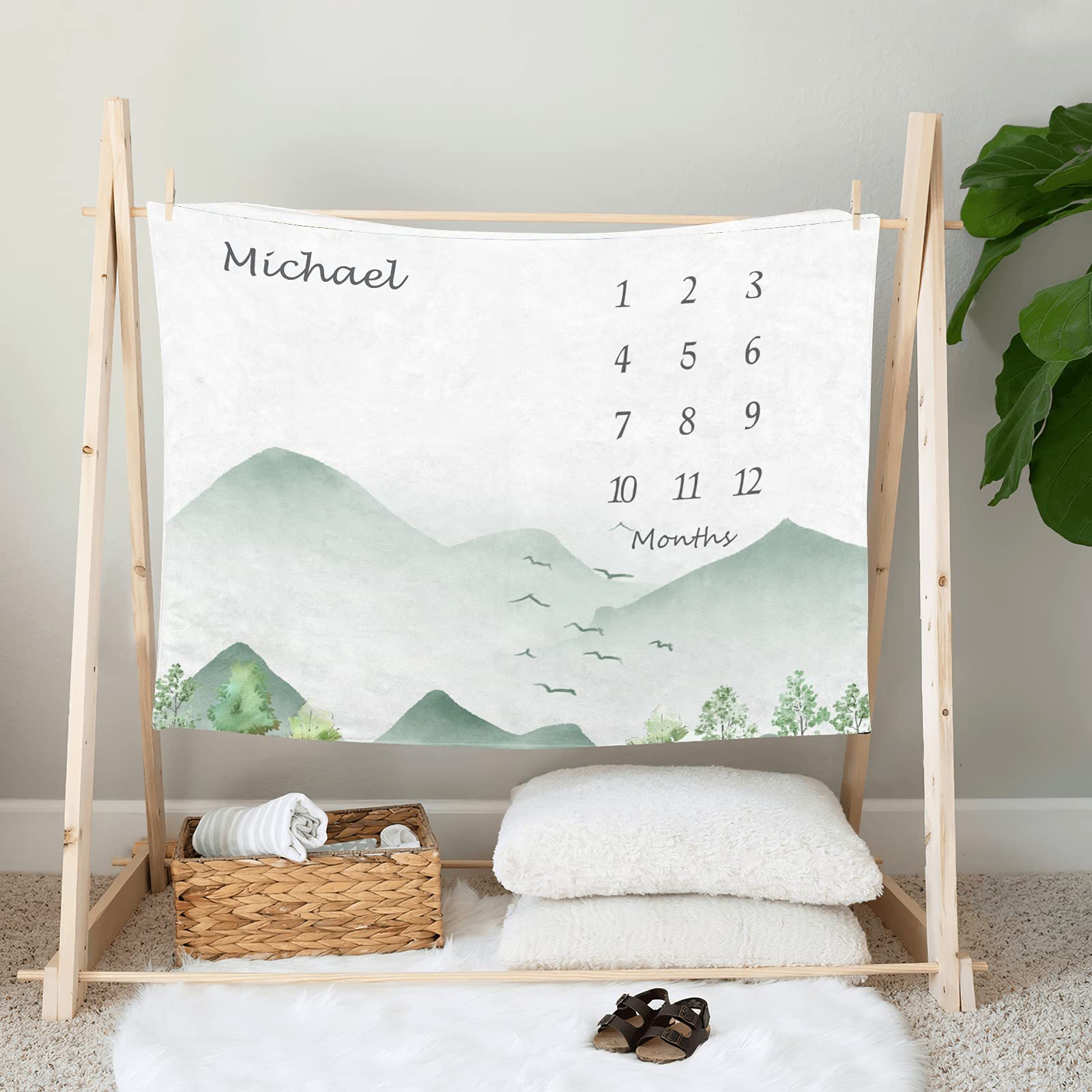 Personalized Baby Blanket with Name - Custom Swaddle Blanket for Newborns & Infants (30x40 Inches) - Mountain Forest Monthly Milestone Blanket for Girls & Boys - Perfect Baby Shower Gift & Nursery Crib Blanket