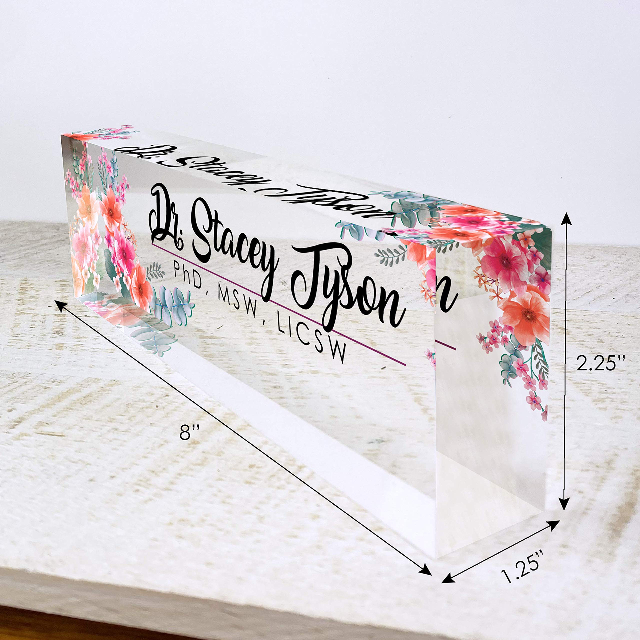 Personalized Acrylic Office Desk Name Plate - Custom Engraved Name Sign with Wild Flowers Design (8