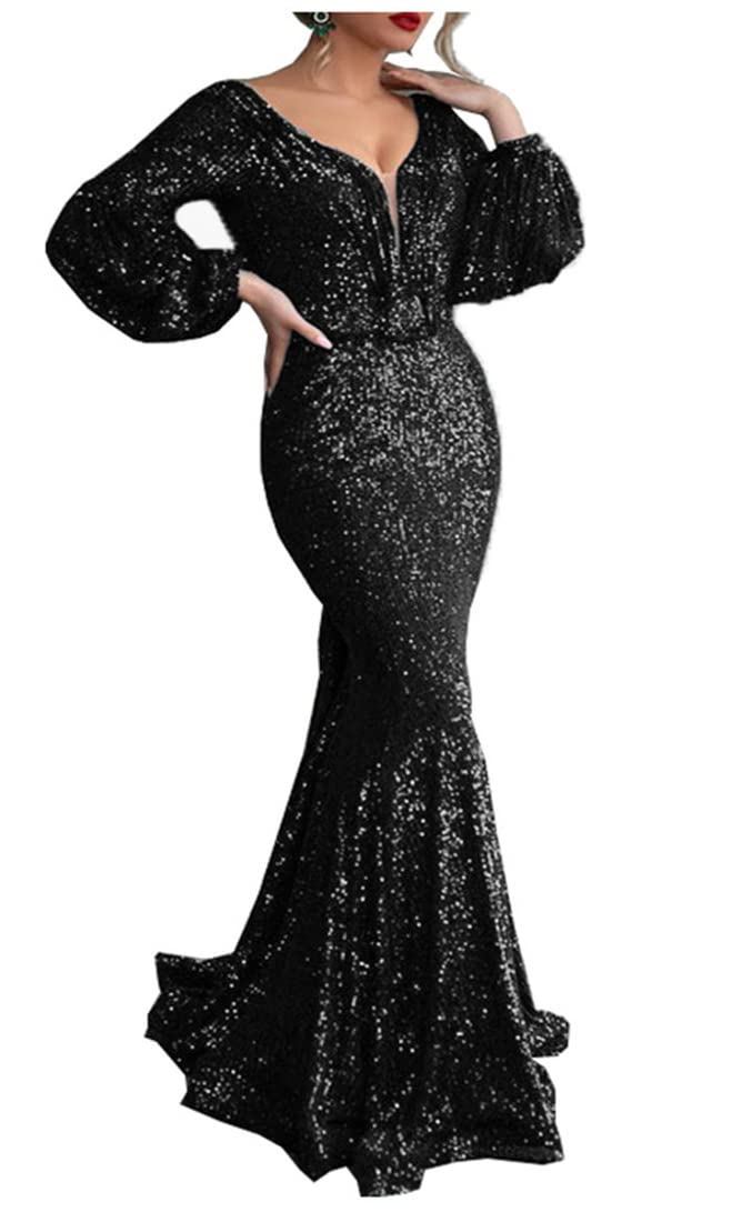 Sparkly Sequins Mermaid Prom Dresses for Women - Elegant Long Puffy Sleeves Formal Evening Gown for Homecoming, Wedding & Special Occasions