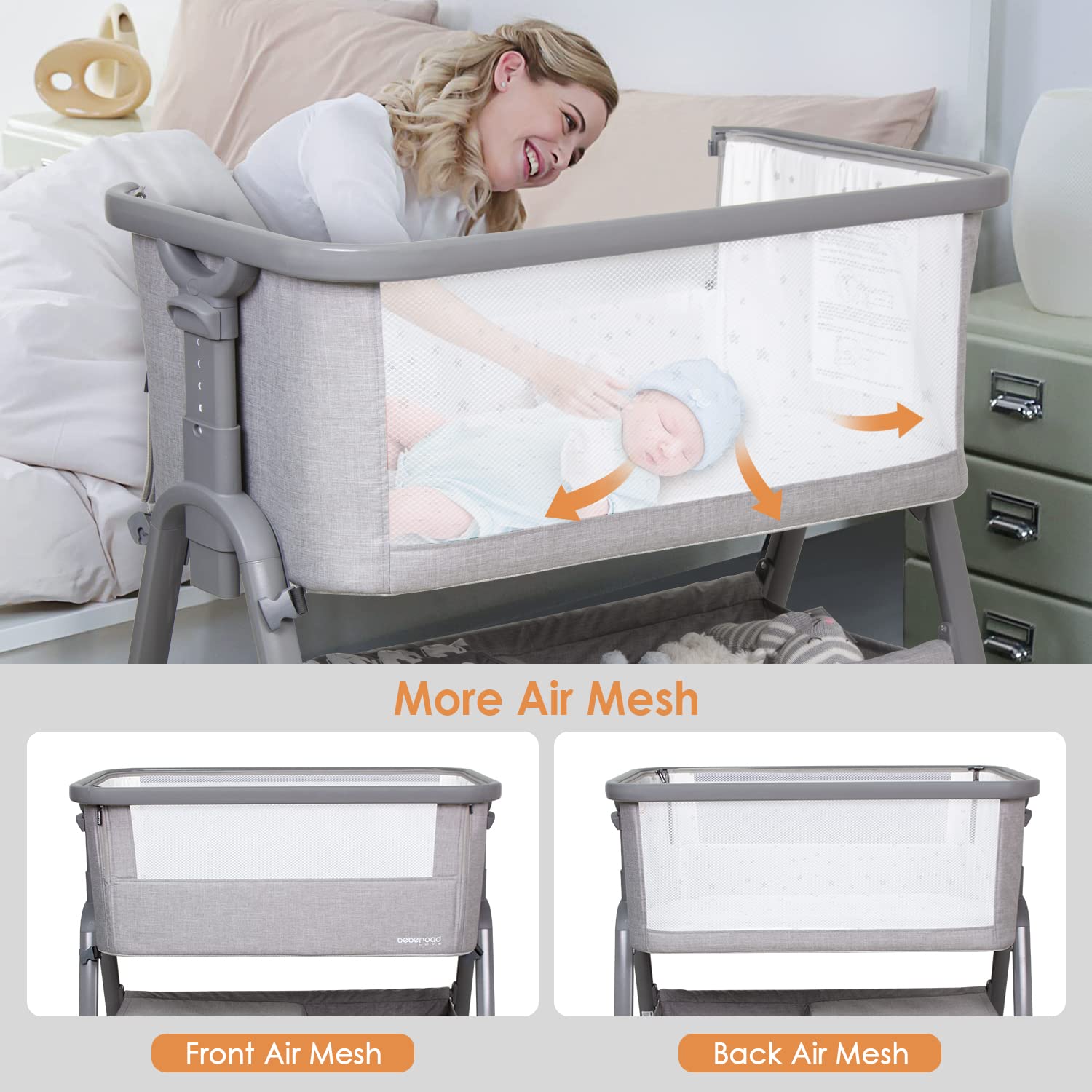 **Beberoad Portable Baby Bassinet & Bedside Sleeper - Lightweight Adjustable Crib for Newborns & Infants (6 Height Settings, Includes Mattress, Wheels, Storage Basket & Travel Bag) - Perfect for Nursery, Bedroom & Travel - Light Grey**