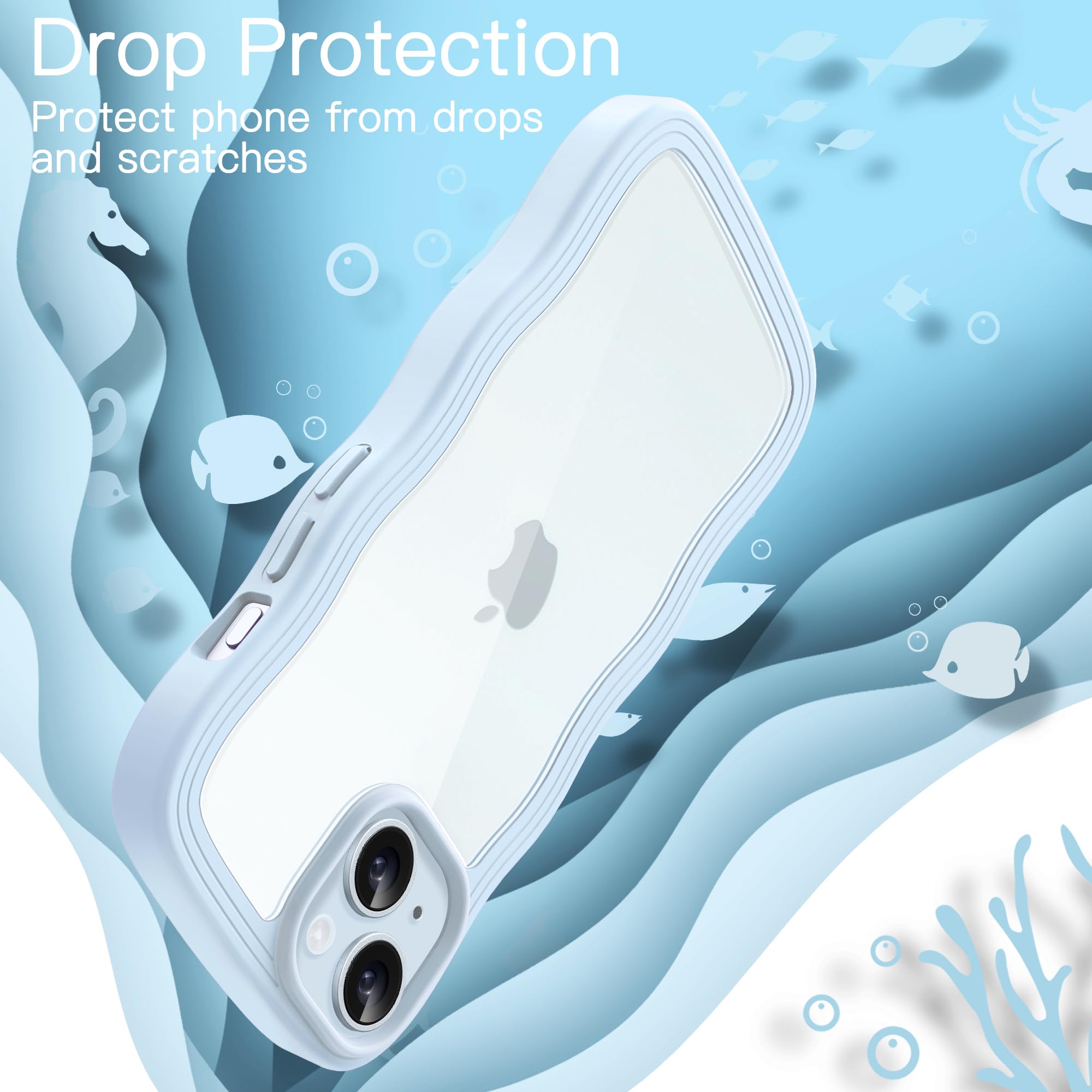 JETech Cute iPhone 15 Plus Case 6.7-Inch | Wave Frame Curly Design Shockproof Clear Hard PC Back Cover | Trendy Protective Phone Case for Women & Girls | Perfect for Everyday Use, Work & Travel (Blue)