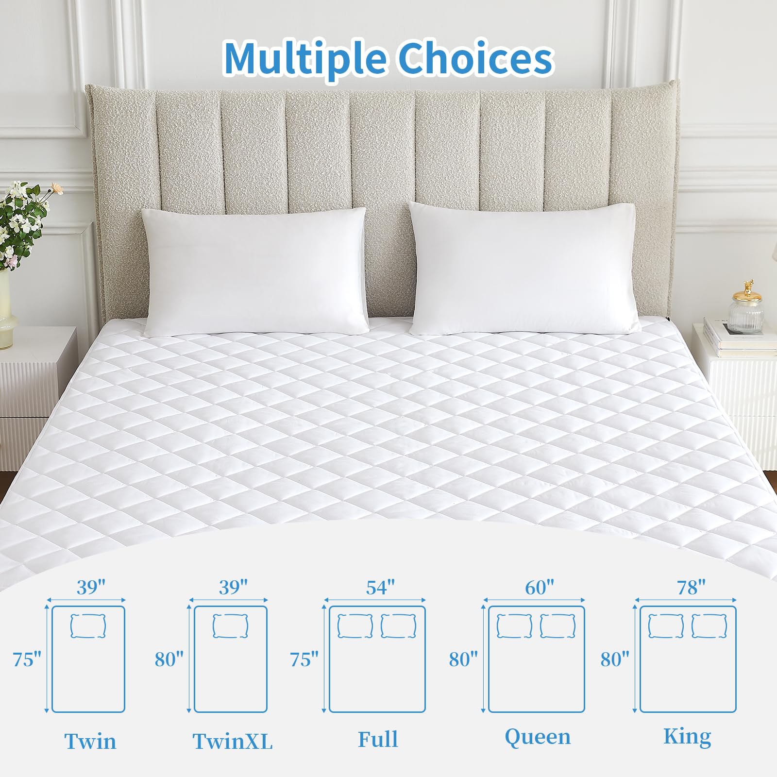 Breathable Quilted Mattress Pad Protector - Queen Size, 21