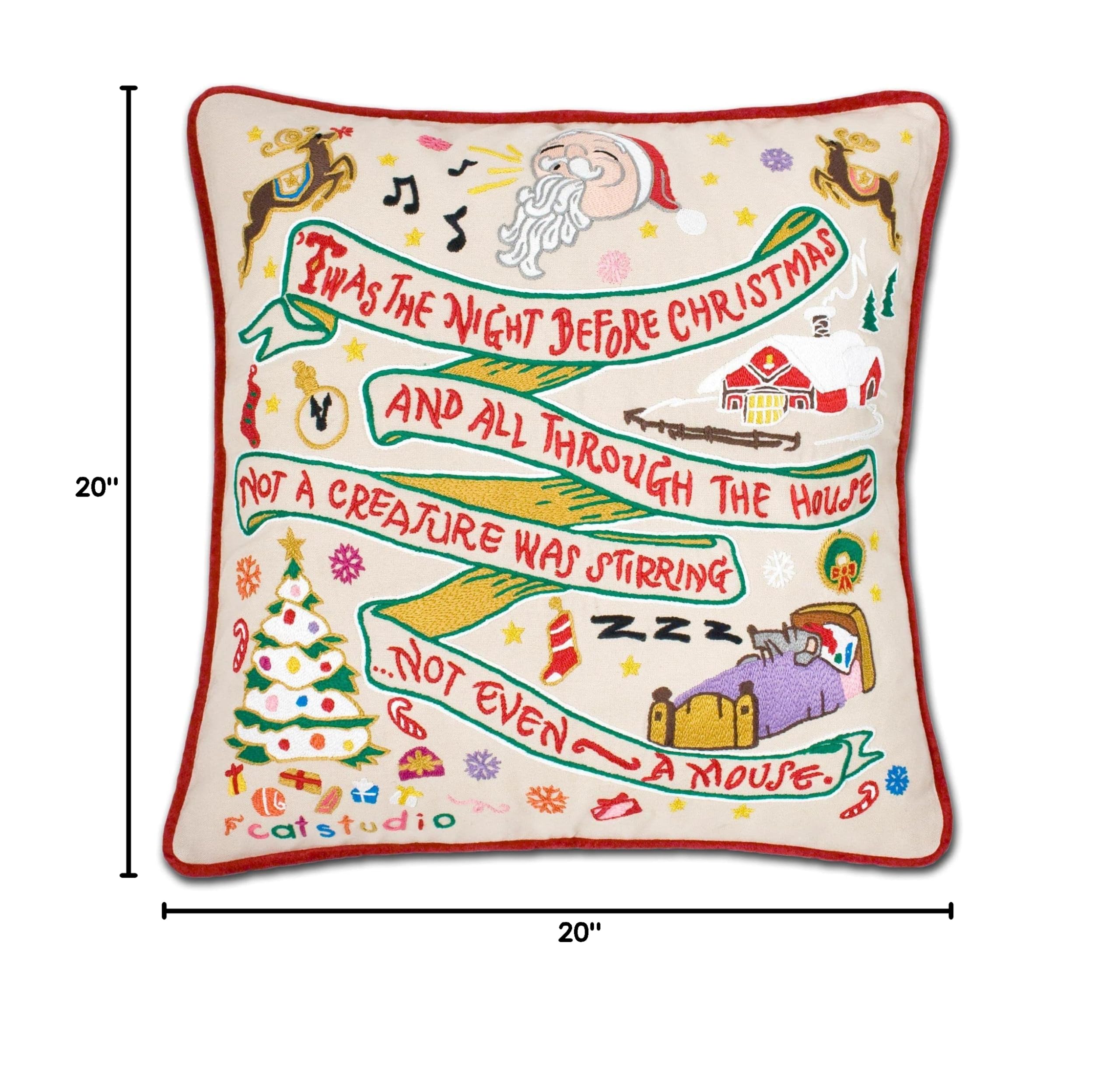 Catstudio Night Before Christmas Embroidered Holiday Pillow - Festive Winter Throw Pillow with Original Artwork for Christmas Decor | Perfect for Sofa, Bed, Fireplace Mantel & Holiday Home Decor