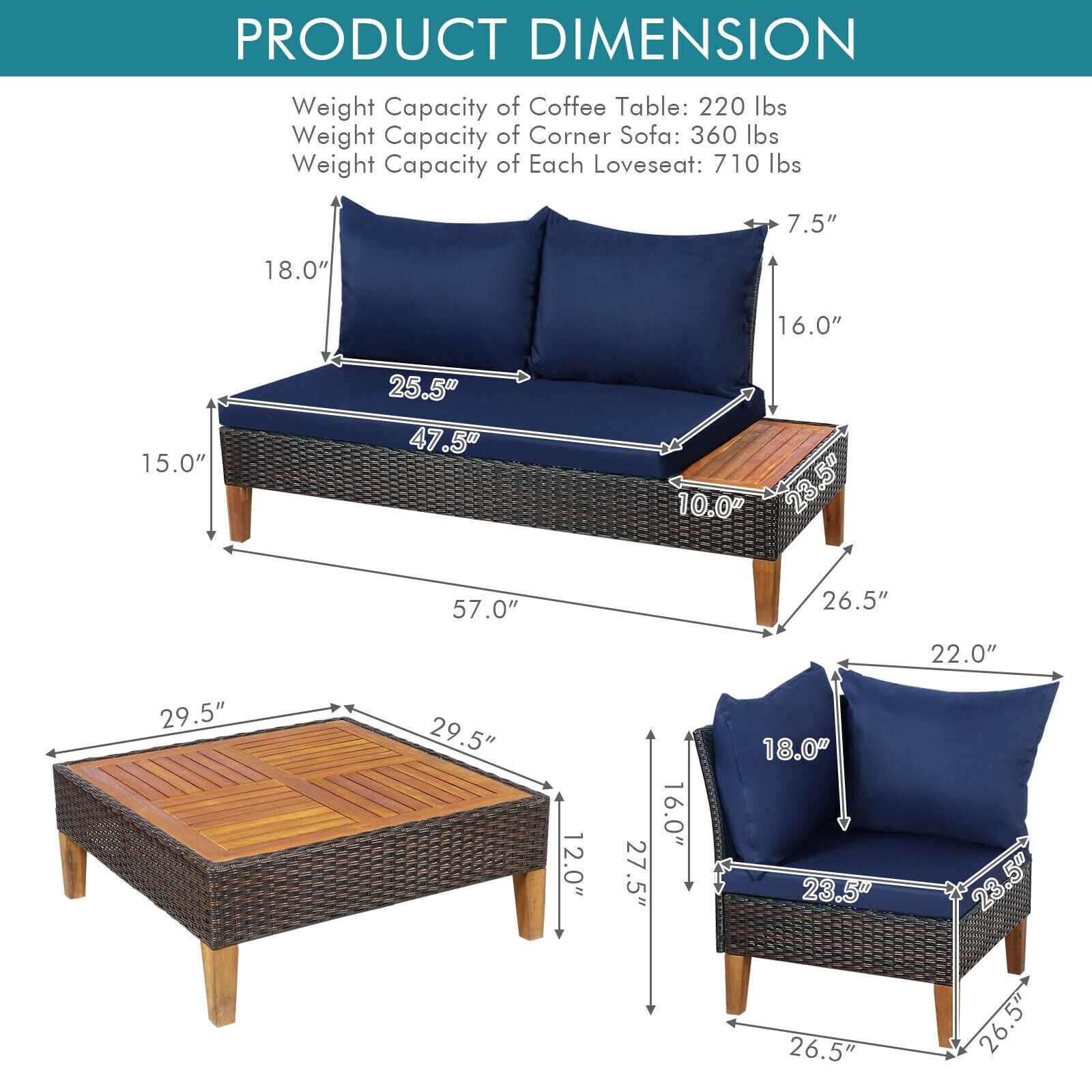 Costway 4-Piece Rattan Patio Furniture Set with Cushions & Wooden Side Table - Outdoor Garden, Balcony, Backyard Lounge Seating