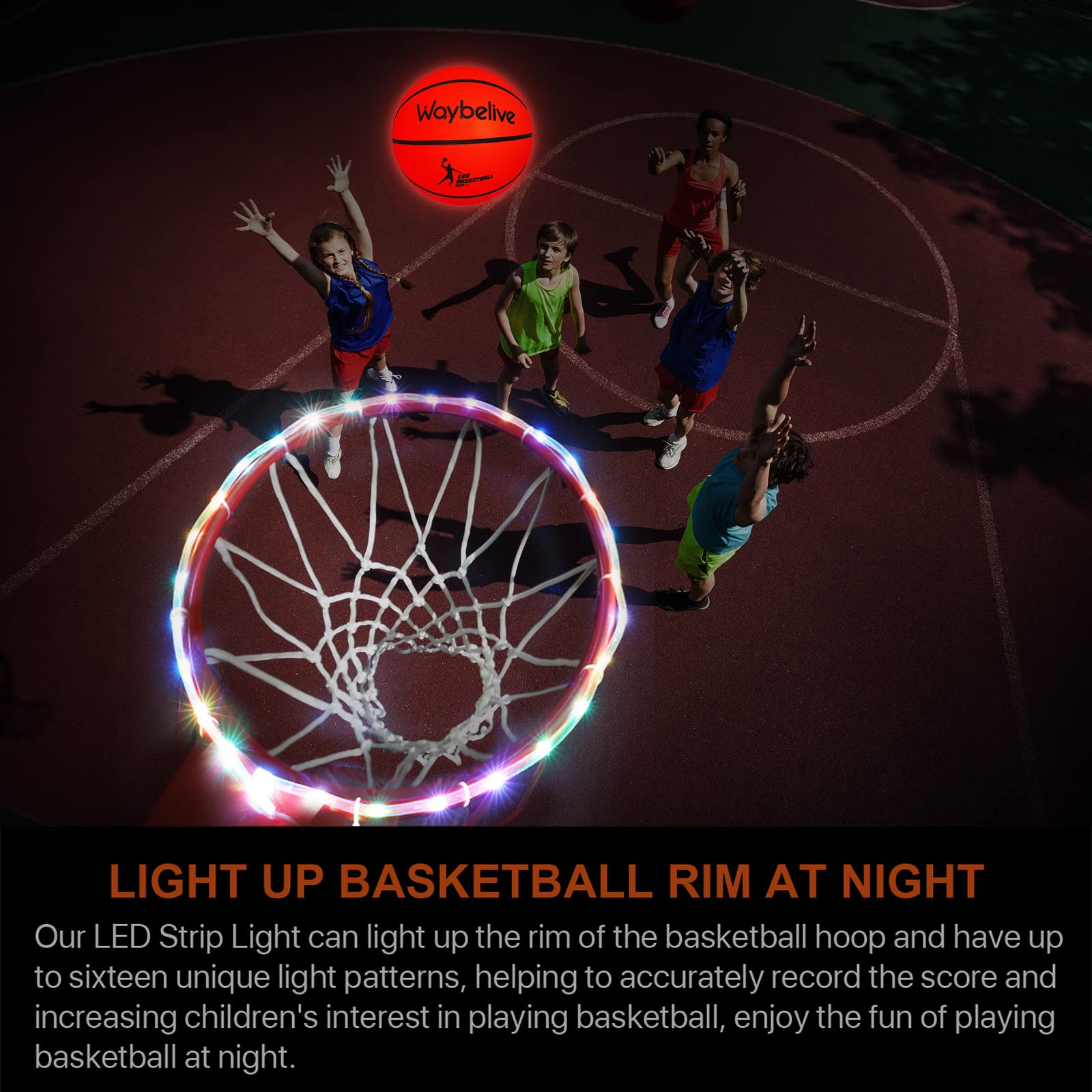 Waybelive LED Light Up Basketball - Size 7, Indoor/Outdoor Basketball with 2 Super Bright LED Lights, Waterproof, Pre-Installed Batteries - Perfect for Night Games, Birthday Gifts for Kids & Teens, Backyard Fun and Camping Activities