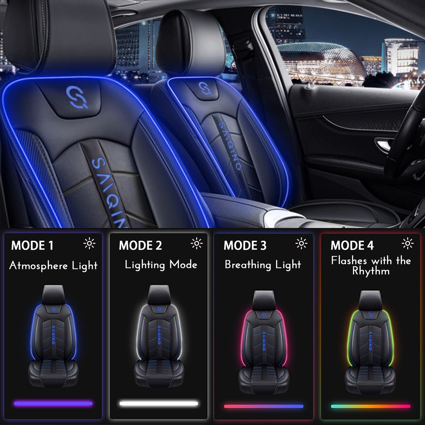 Universal LED Car Seat Covers - Luxury Leather Front Seat Cushions with RGB Sound-Activated Lighting & Remote Control (Blue) | Perfect for Night Driving, Car Shows & Custom Vehicle Interiors
