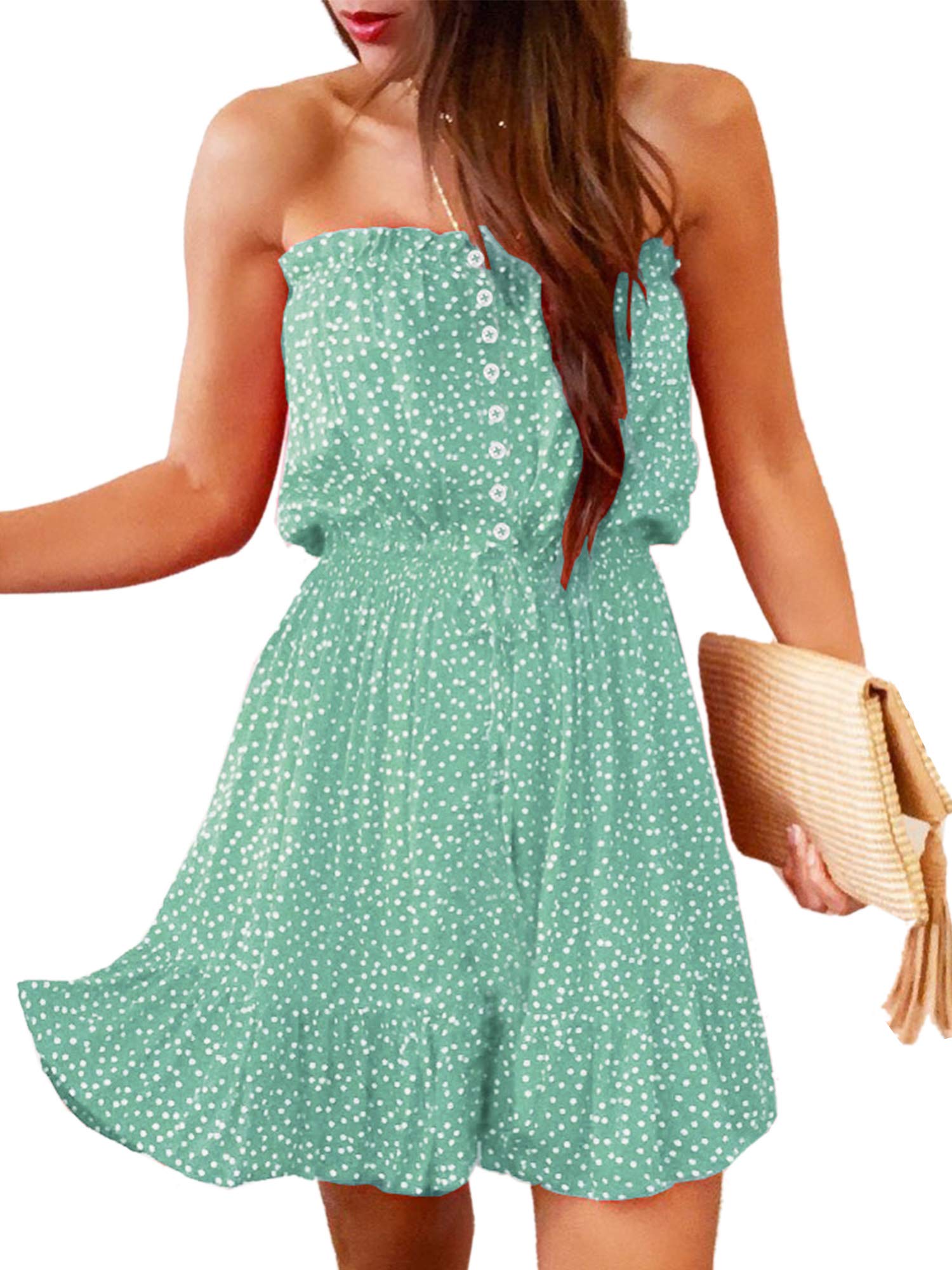 Angashion Women's Floral Strapless Pleated Flowy Skater Mini Tube Dress - Summer Beach Party, Wedding Guest, Date Night Outfit