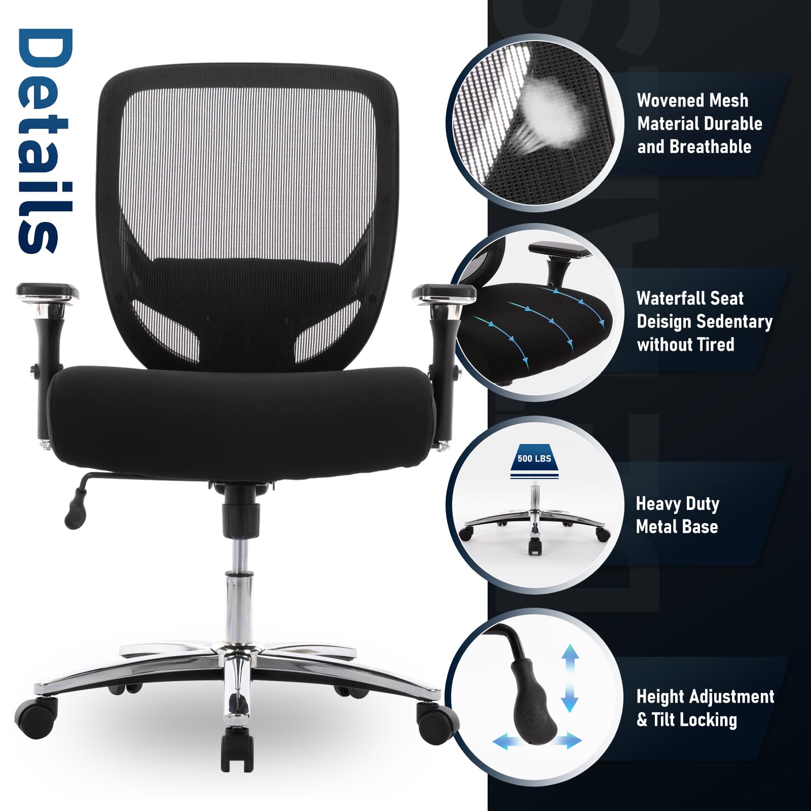 COLAMY Heavy Duty Office Chair 500lbs Capacity - Big & Tall Ergonomic Executive Chair with Wide Seat for Heavy People - Black - Perfect for Home Office, Gaming & Computer Workstations