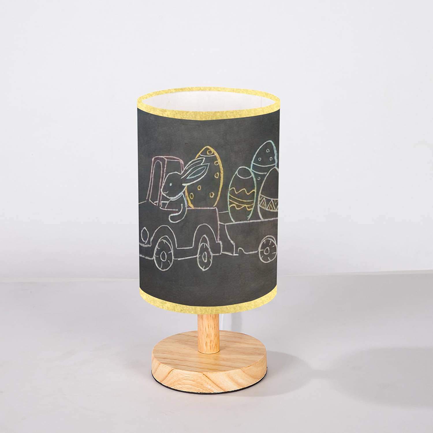 Minimalist Solid Wood Nightstand Lamp with Flaxen Fabric Shade - Easter Themed Hare Carrying Eggs Design - Perfect for Bedroom, Living Room & Office Decor - Creates Cozy Ambiance for Reading, Relaxing & Holiday Celebrations