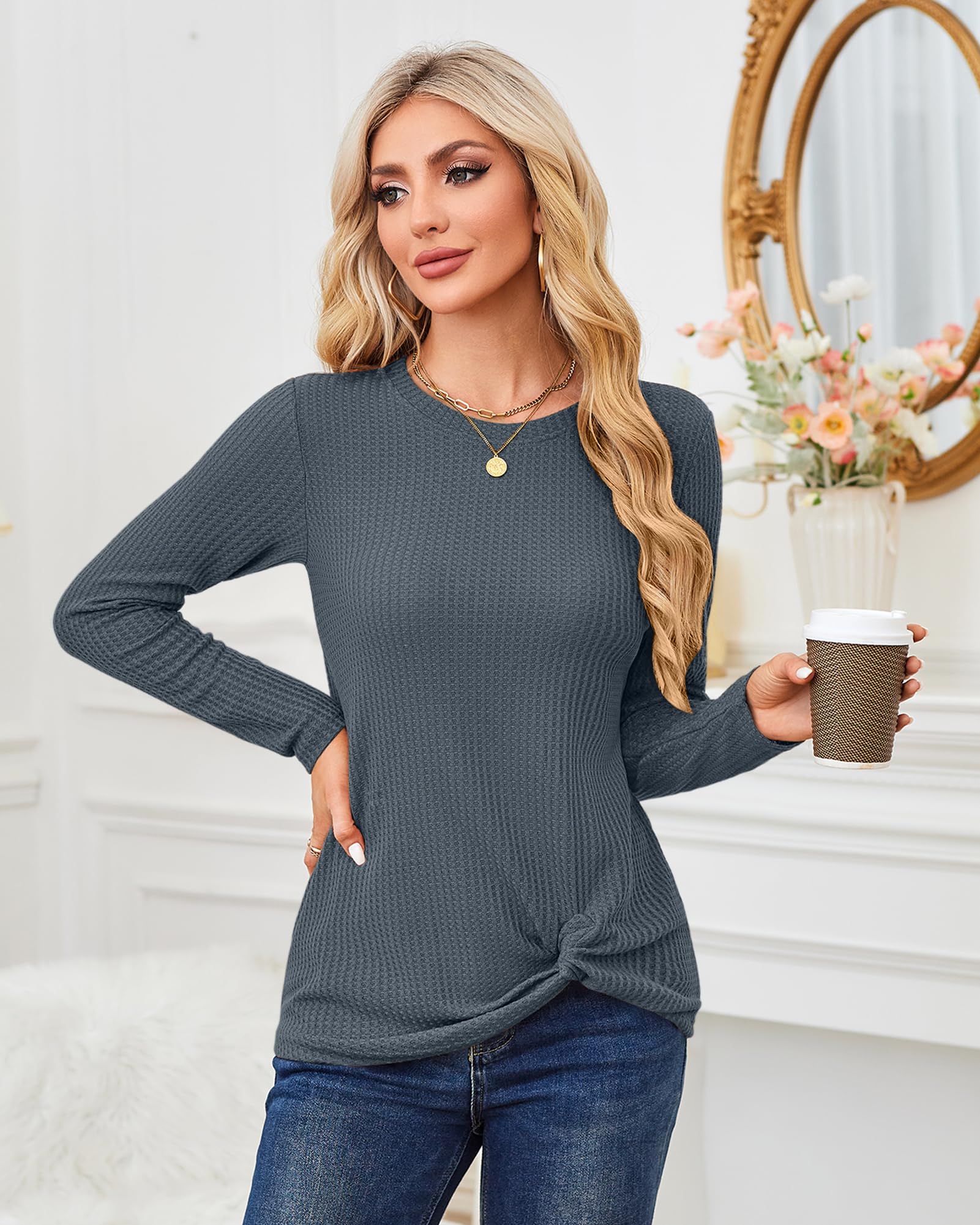 MISFAY Women's Casual Long Sleeve Knit Top - Cute Twist Knot Waffle Shirt for Fall & Winter | Perfect for Office, Date Night and Weekend Outfits