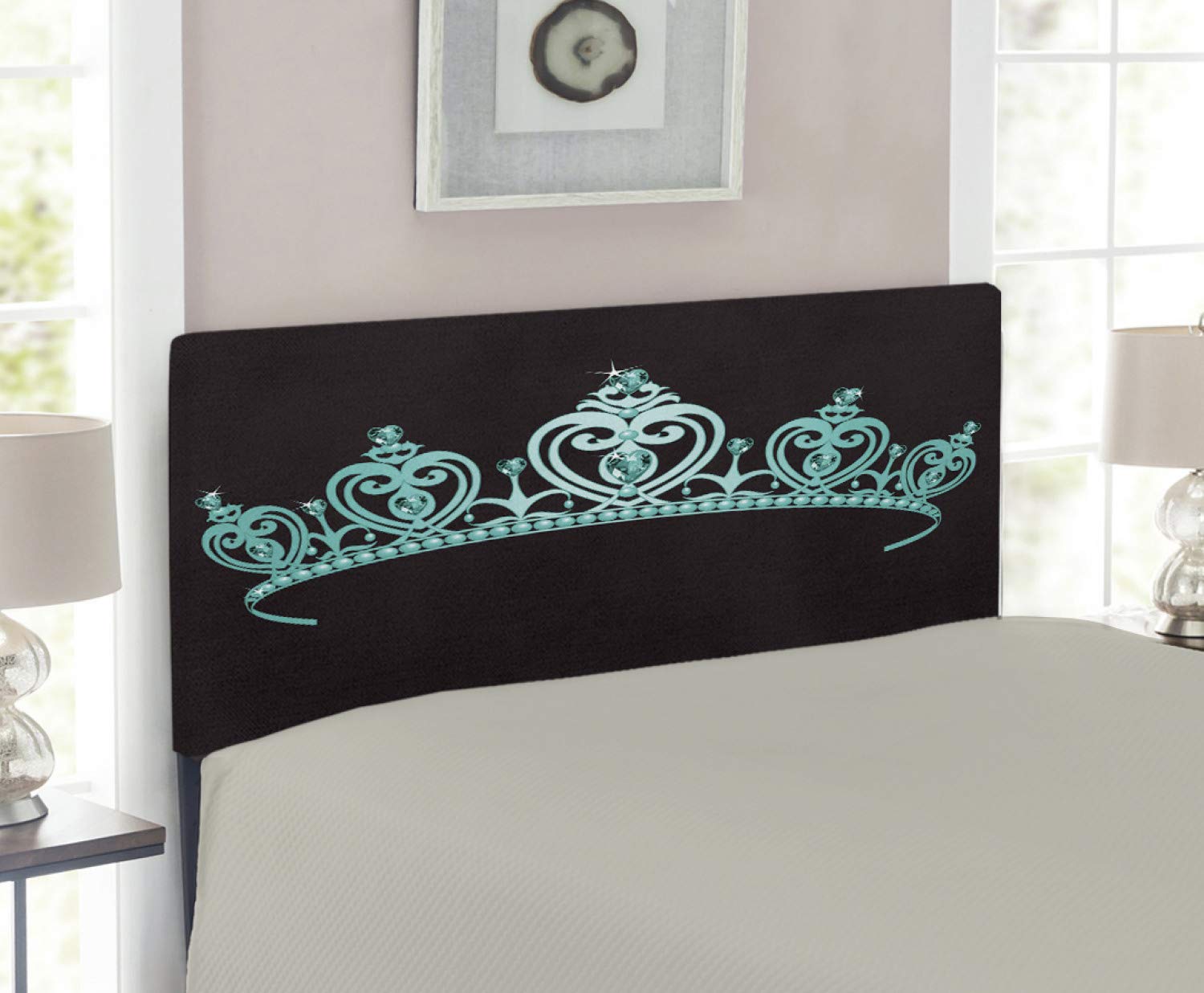 Lunarable Cartoon Headboard - Princess Tiara Crown with Vibrant Heart Design, Upholstered Decorative Metal Bed Frame with Memory Foam, Twin Size, Turquoise Blue | Perfect for Girls' Bedroom Decor & Fairy Tale Themed Rooms