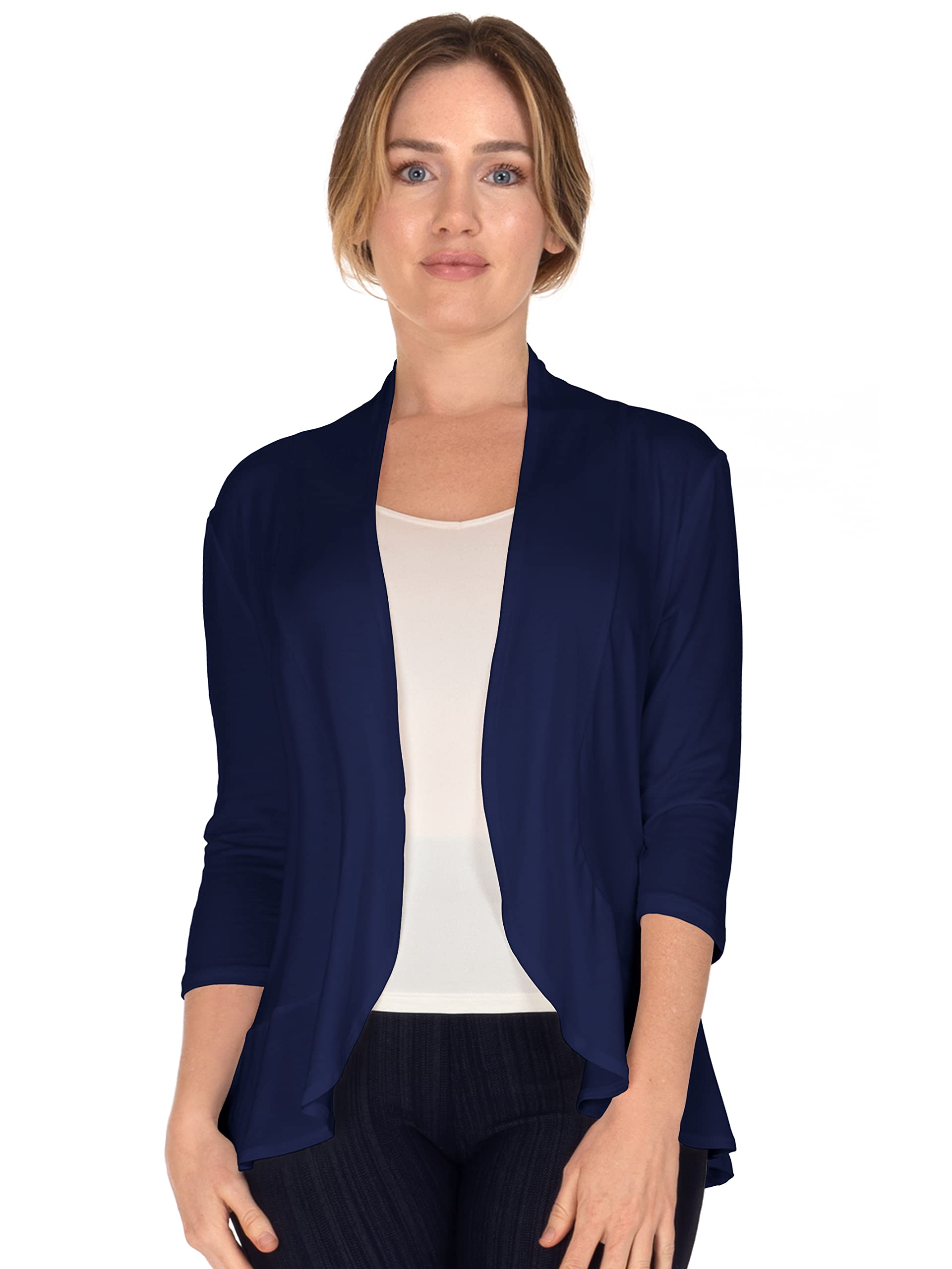 Women's 3/4 Sleeve Ruffle Cardigan Sweater - Navy Blue Long Knit Open Front Cover Up (Large Size) | Perfect for Office Wear, Date Nights & Spring Layering