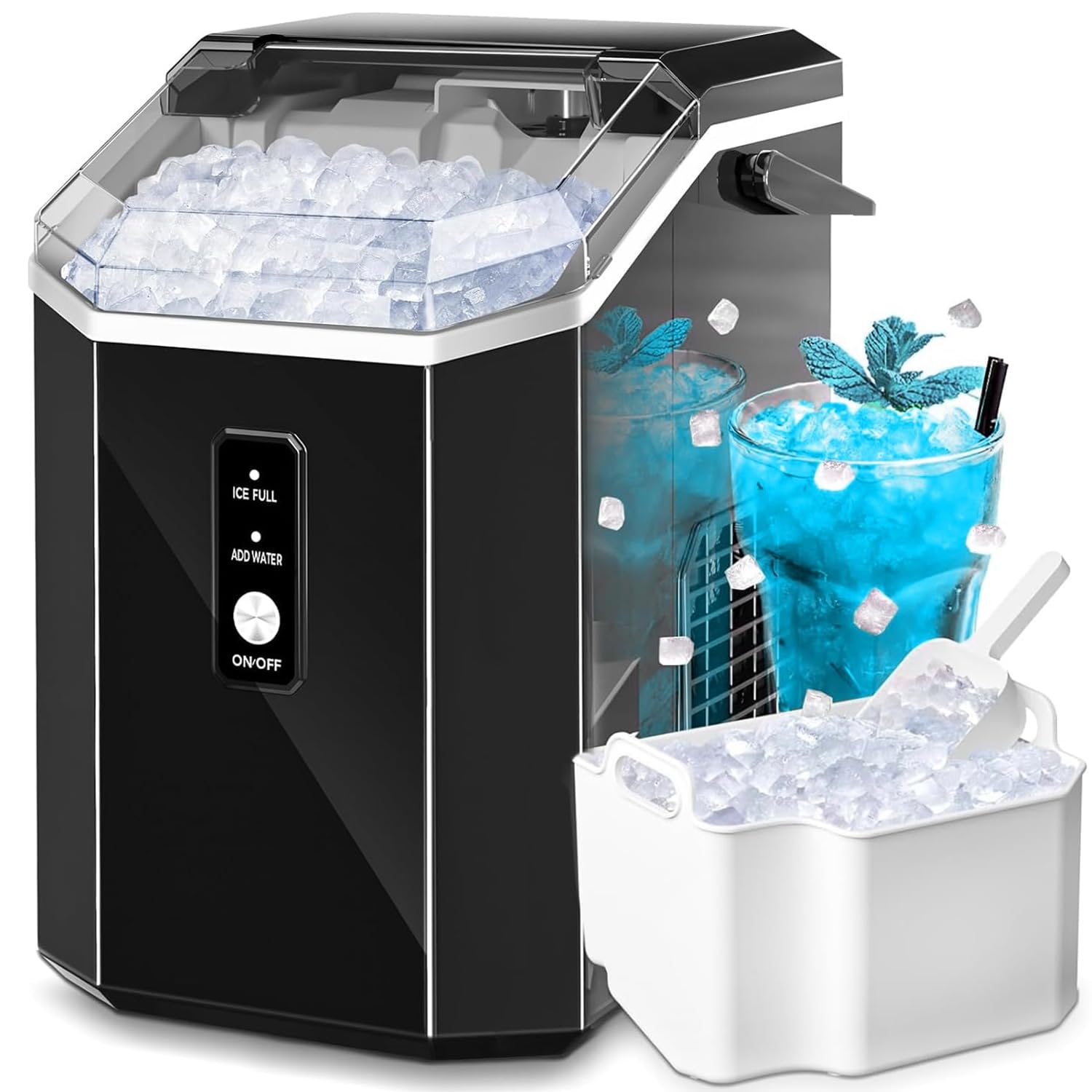AGLUCKY Countertop Nugget Ice Maker - Portable 35lbs/24H Pebble Ice Machine with Handle, One-Click Operation for Home, Kitchen, Office (Black) | Perfect for Cocktails, Sodas & Outdoor Parties