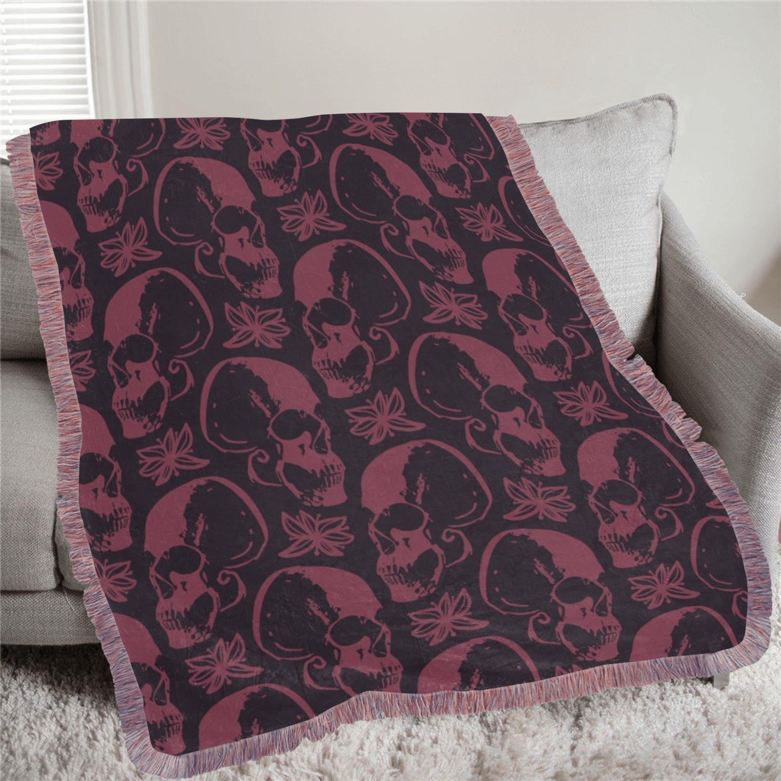 Purple Skulls Ultra Soft Pink Fringe Blanket - 60x80 Inch Cozy Throw for Bed, Sofa & Outdoor Use - Perfect for Home Decor, Gifts and Camping