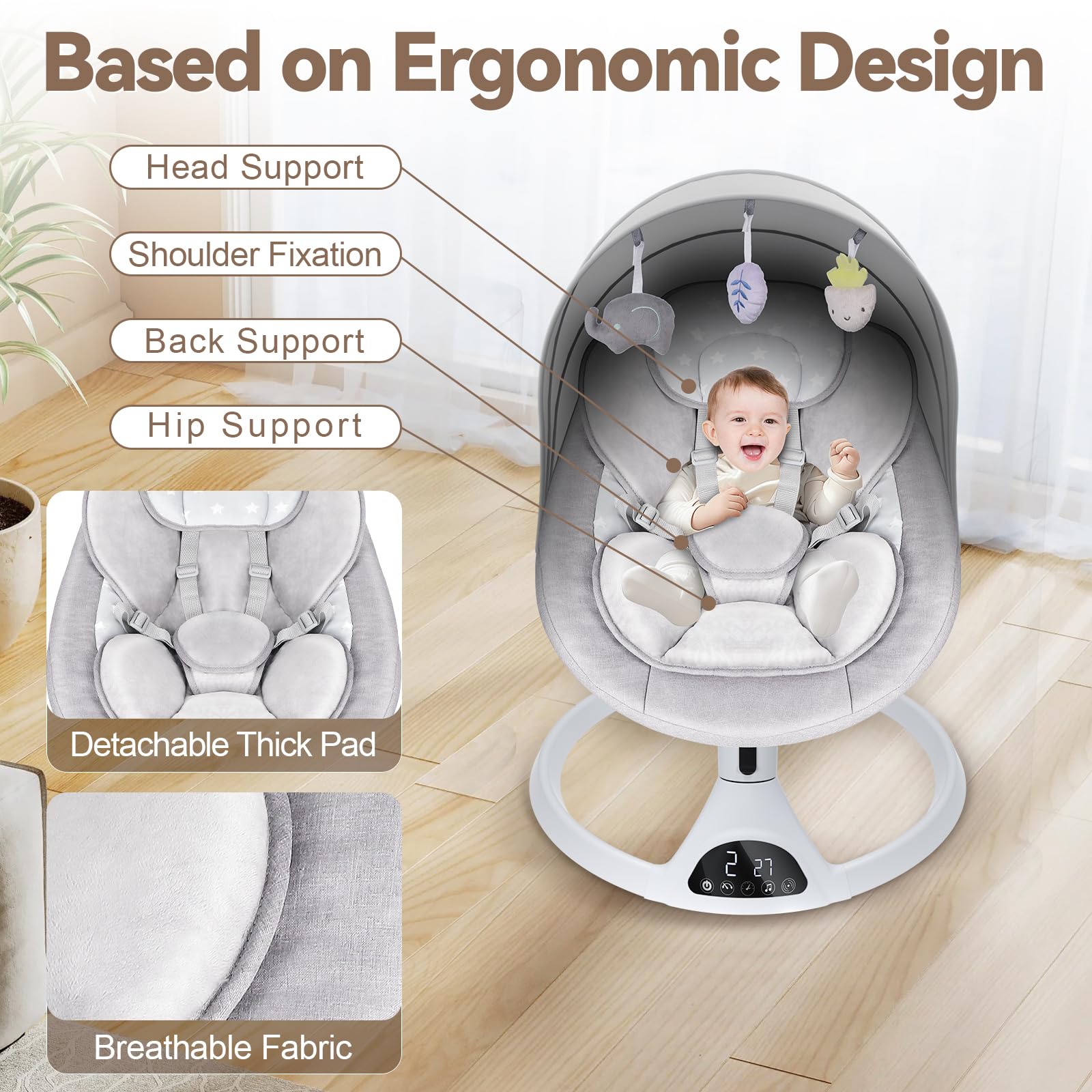 Omzer Electric Baby Swing for Infants - Bluetooth Enabled Remote Control with Music Speaker, Timer & 5 Speed Settings | Soothing Rocking Motion for Newborns to Toddlers | Perfect for Nursery, Daycare & Travel Use