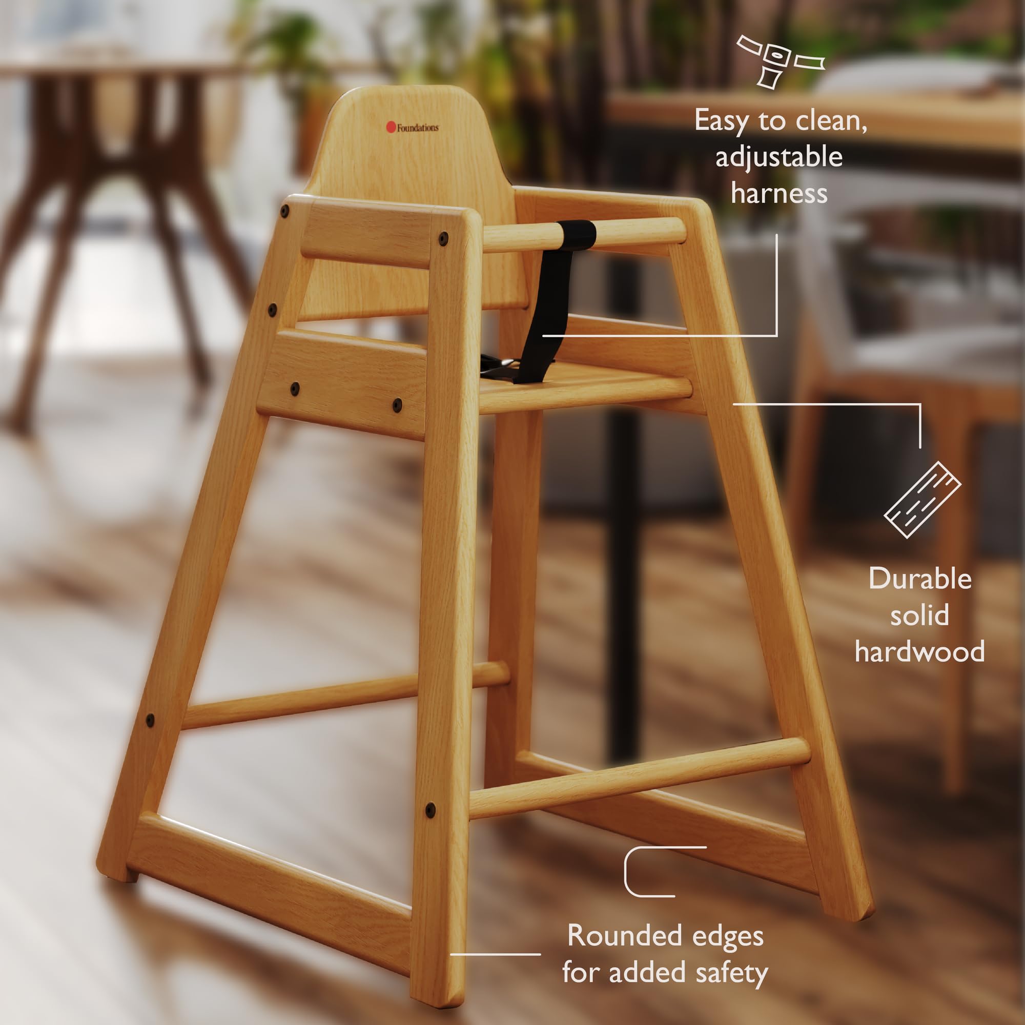 **Durable & Easy-Clean Foundations Highchair for Restaurants, Airbnbs & Home Use – Natural Wood Baby Dining Chair for Indoor & Outdoor Seating**