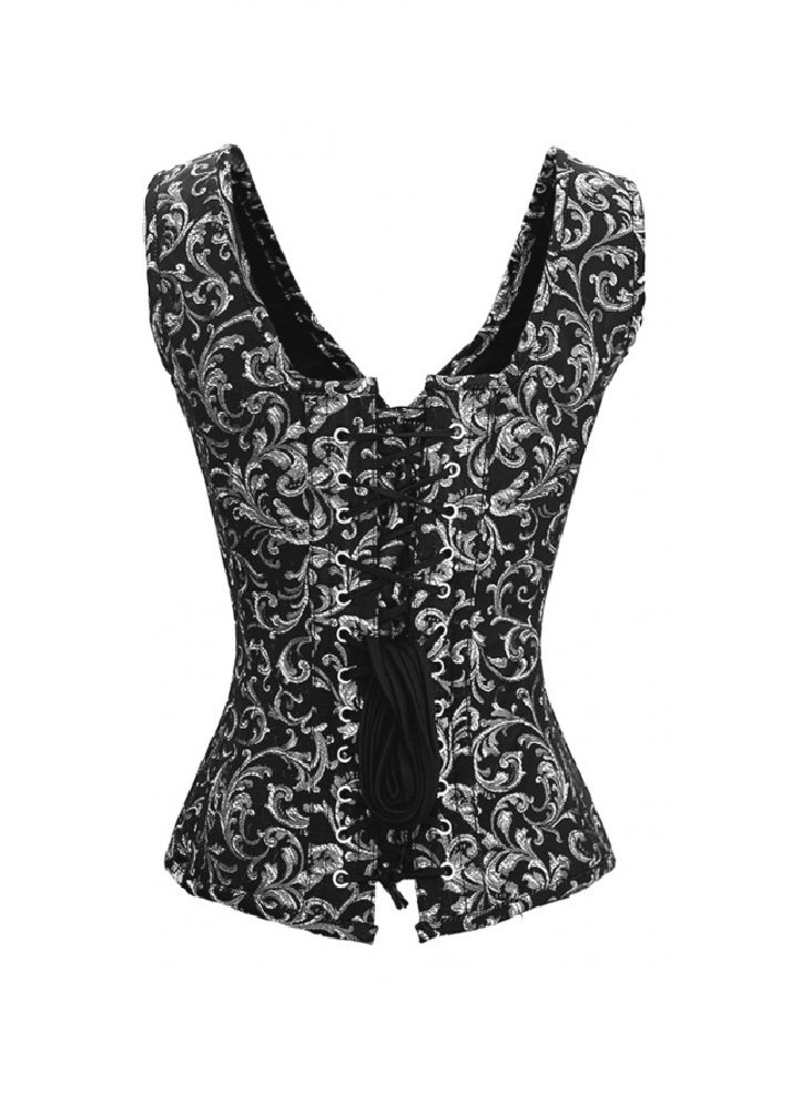 Elegant Black & Silver Brocade Overbust Corset with Shoulder Straps - Gothic Halloween Costume, Renaissance Faire Outfit, Steampunk Party Dress, Victorian Ball Gown, Cosplay Lingerie for Women