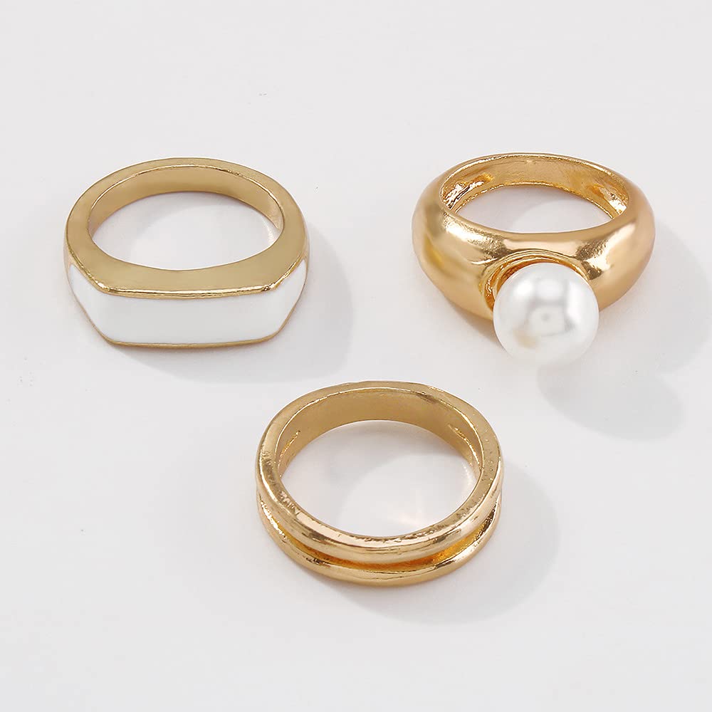 Boho Knuckle Rings Set for Women - 3PCS Chunky Dome Rings with Vintage Simulated Pearls, Stackable Midi Rings & Golden Band Rings | Perfect for Layering, Everyday Wear & Festival Outfits