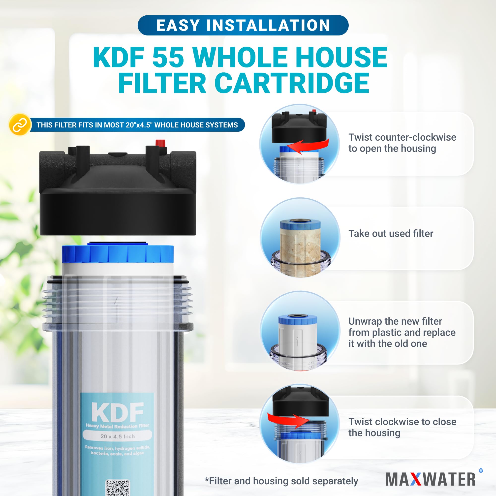 Max Water 20-Inch Heavy Metal Water Filter Cartridge - KDF 55 & GAC Carbon Filter (20