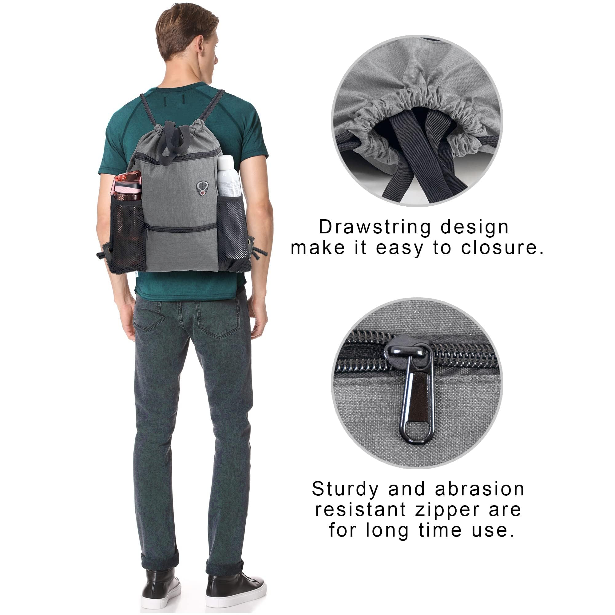 BeeGreen Drawstring Backpack for Gym & Sports - Lightweight Waterproof Backpack with Shoe Compartment & 2 Water Bottle Pockets - Perfect for Workout, Travel, School and Outdoor Activities